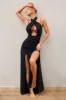 Depths | Black Halter Neck Chiffon Split Maxi Dress With Waist Straps sold by Club L London
