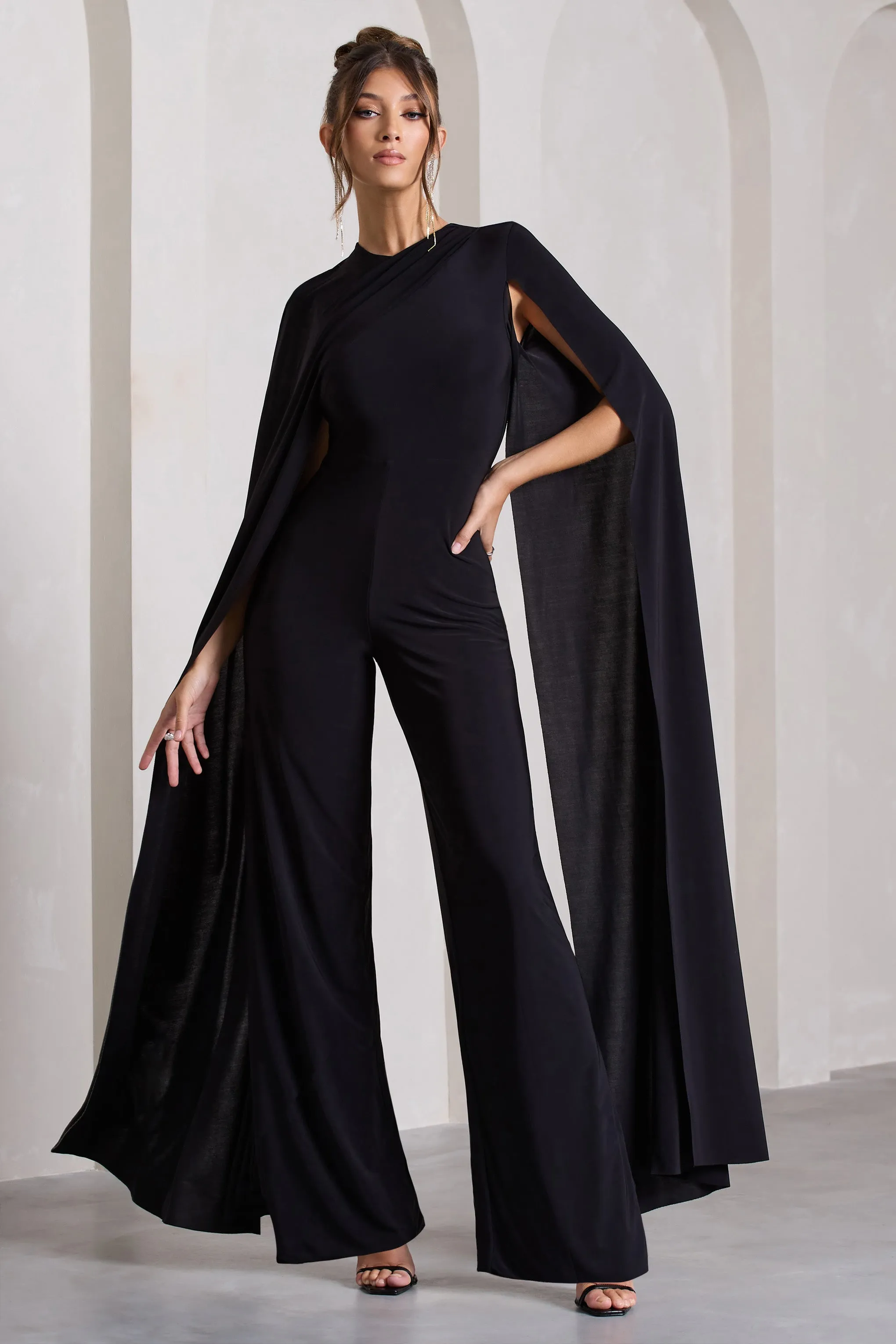 Harley | Black Straight-Leg Jumpsuit With Cape Sleeves sold by Club L London product image thumbnail 4