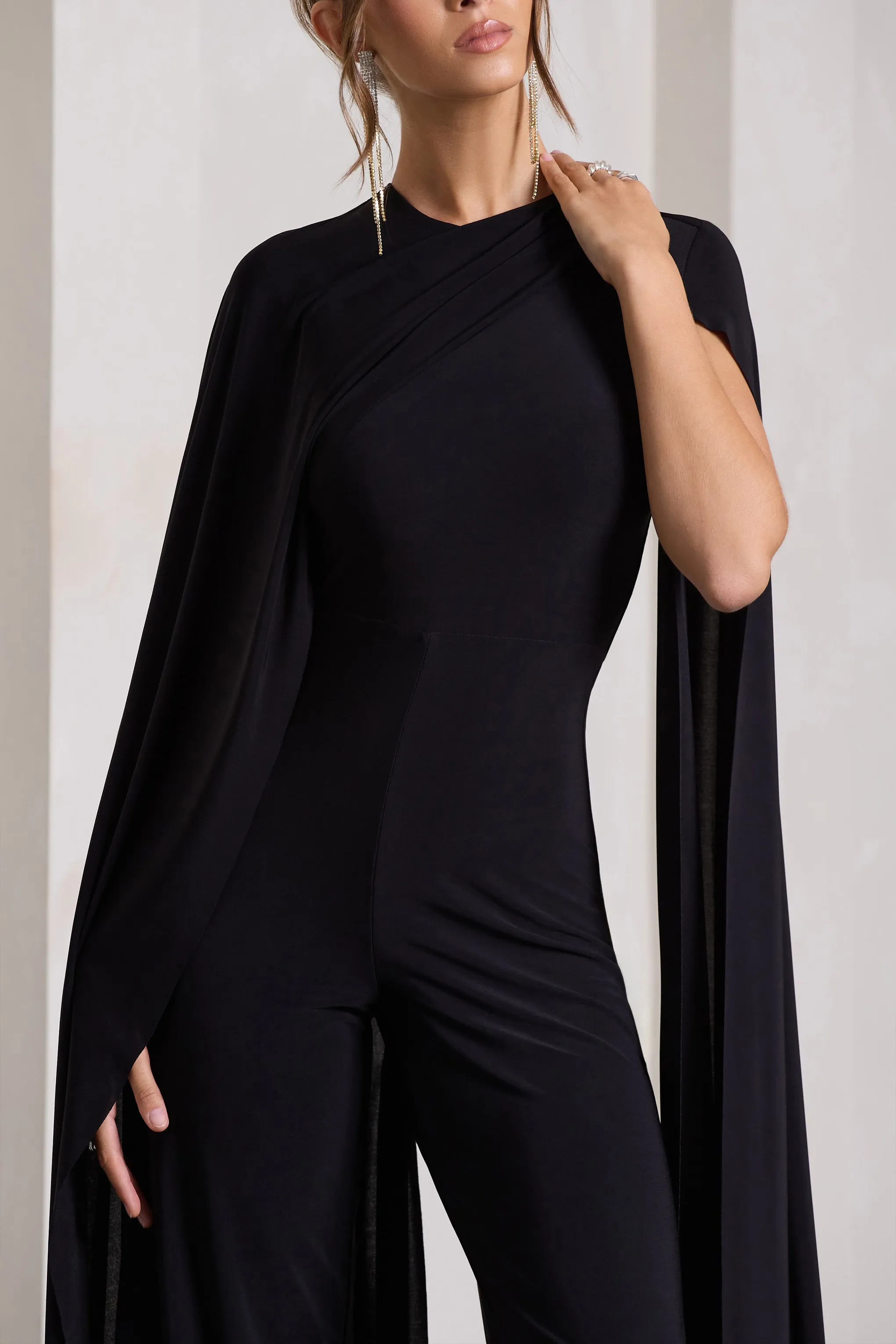 Harley | Black Straight-Leg Jumpsuit With Cape Sleeves sold by Club L London product image thumbnail 3