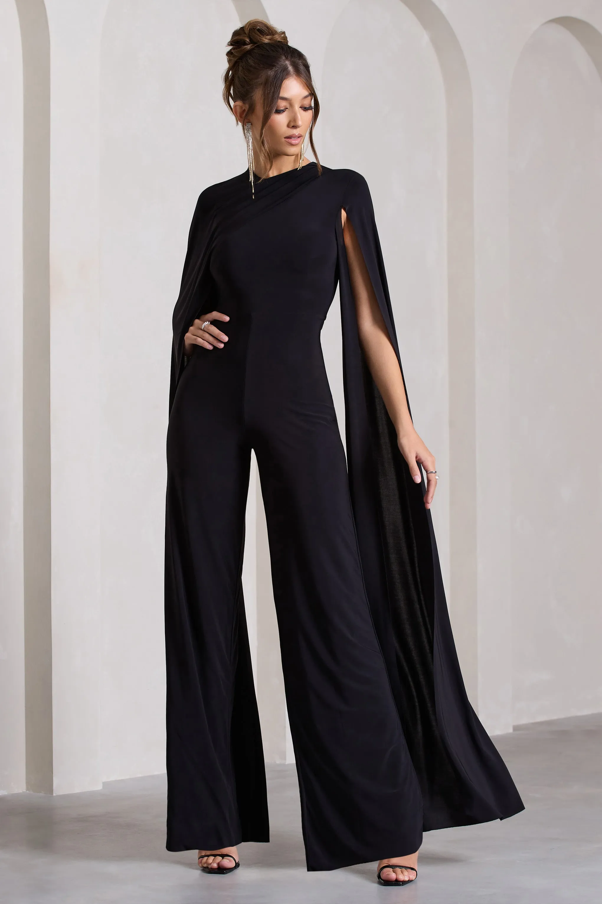 Harley | Black Straight-Leg Jumpsuit With Cape Sleeves sold by Club L London