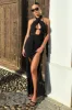 Depths | Black Halter Neck Chiffon Split Maxi Dress With Waist Straps sold by Club L London