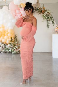 Announcement | Rose Pink Maternity Ruched Mesh Maxi Dress sold by Club L London
