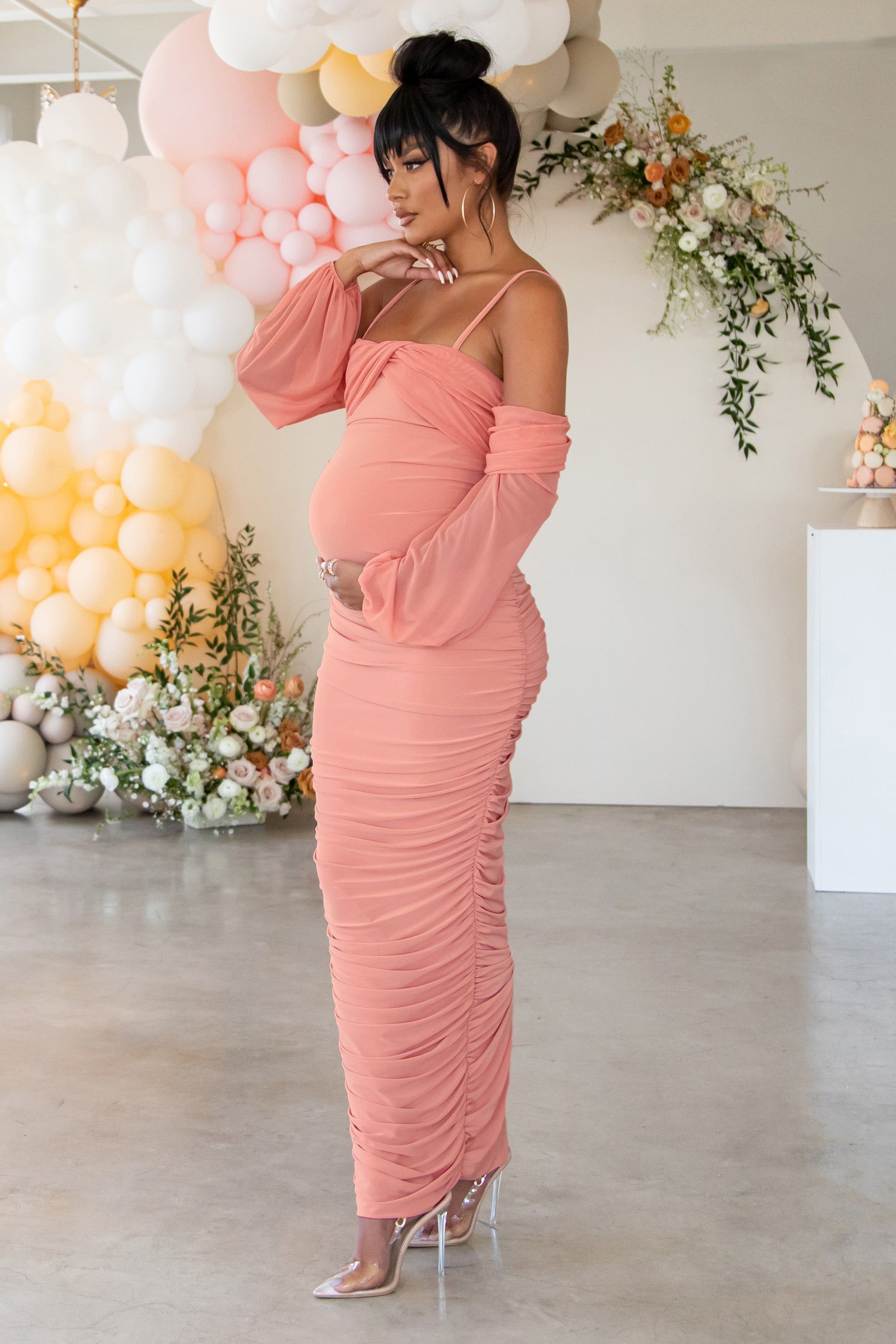 Announcement | Rose Pink Maternity Ruched Mesh Maxi Dress sold by Club L London product image thumbnail 5