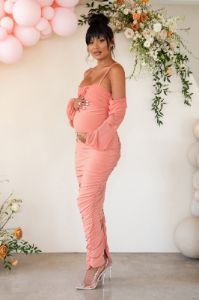 Announcement | Rose Pink Maternity Ruched Mesh Maxi Dress sold by Club L London