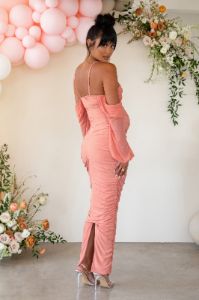 Announcement | Rose Pink Maternity Ruched Mesh Maxi Dress sold by Club L London