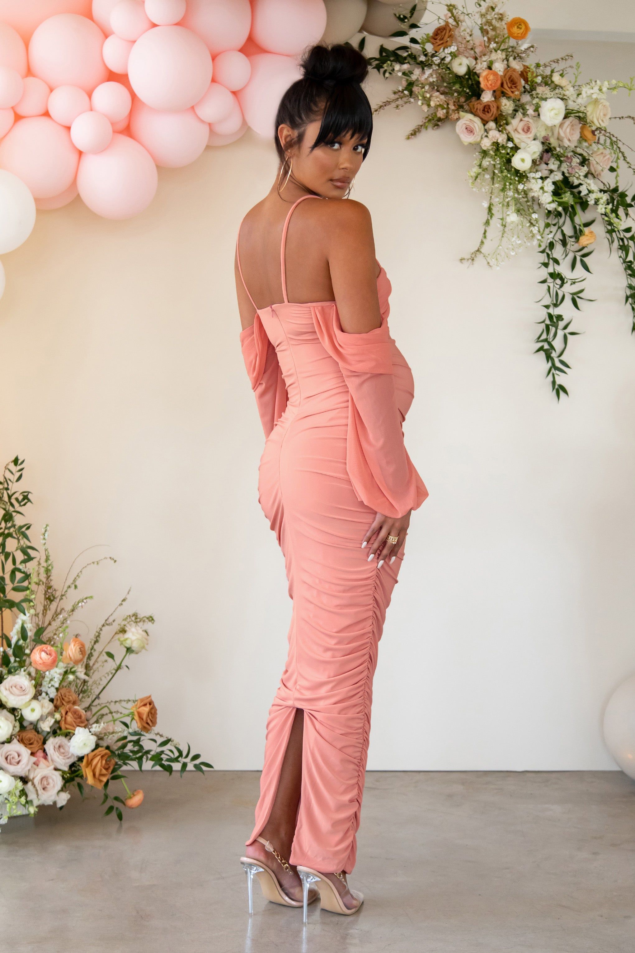 Announcement | Rose Pink Maternity Ruched Mesh Maxi Dress sold by Club L London product image thumbnail 2