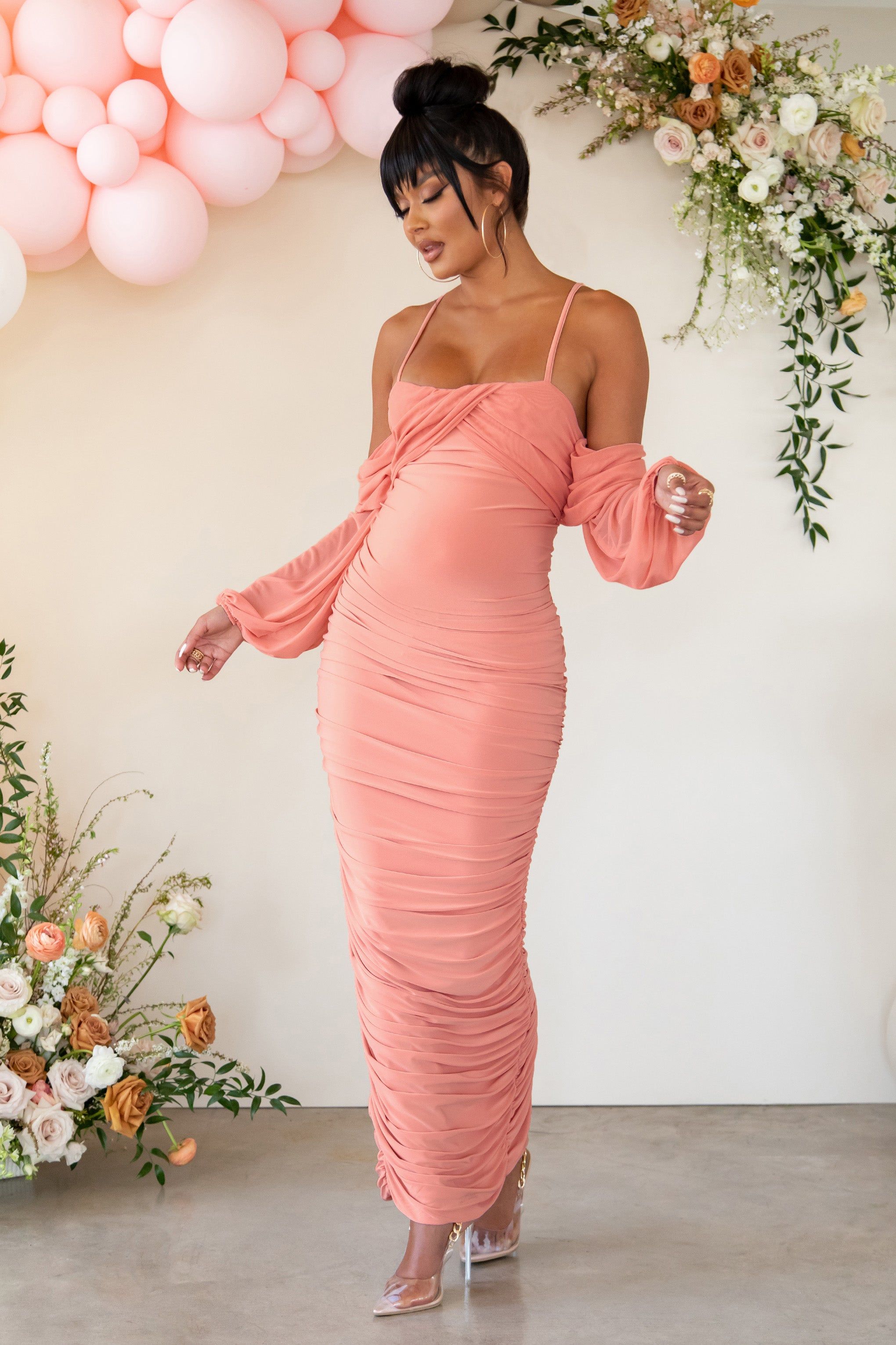 Announcement | Rose Pink Maternity Ruched Mesh Maxi Dress sold by Club L London