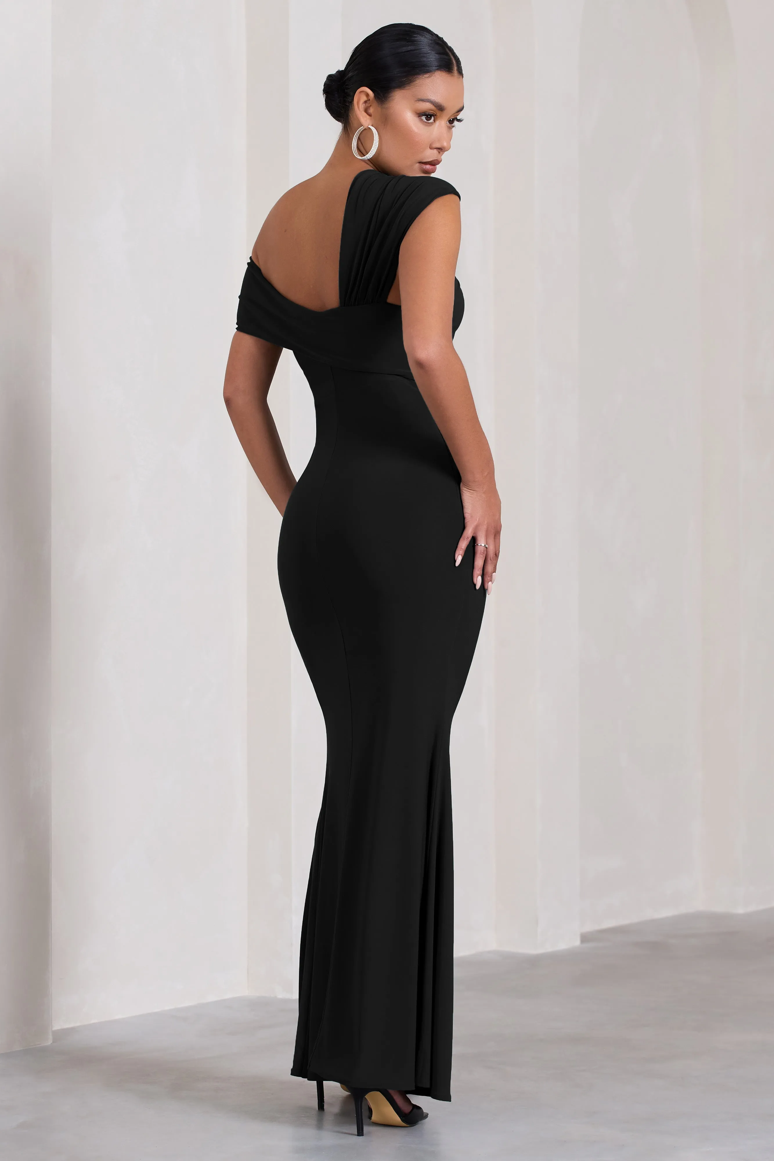 Kara | Black Asymmetric Twisted Bardot Split Maternity Maxi Dress sold by Club L London product image thumbnail 2