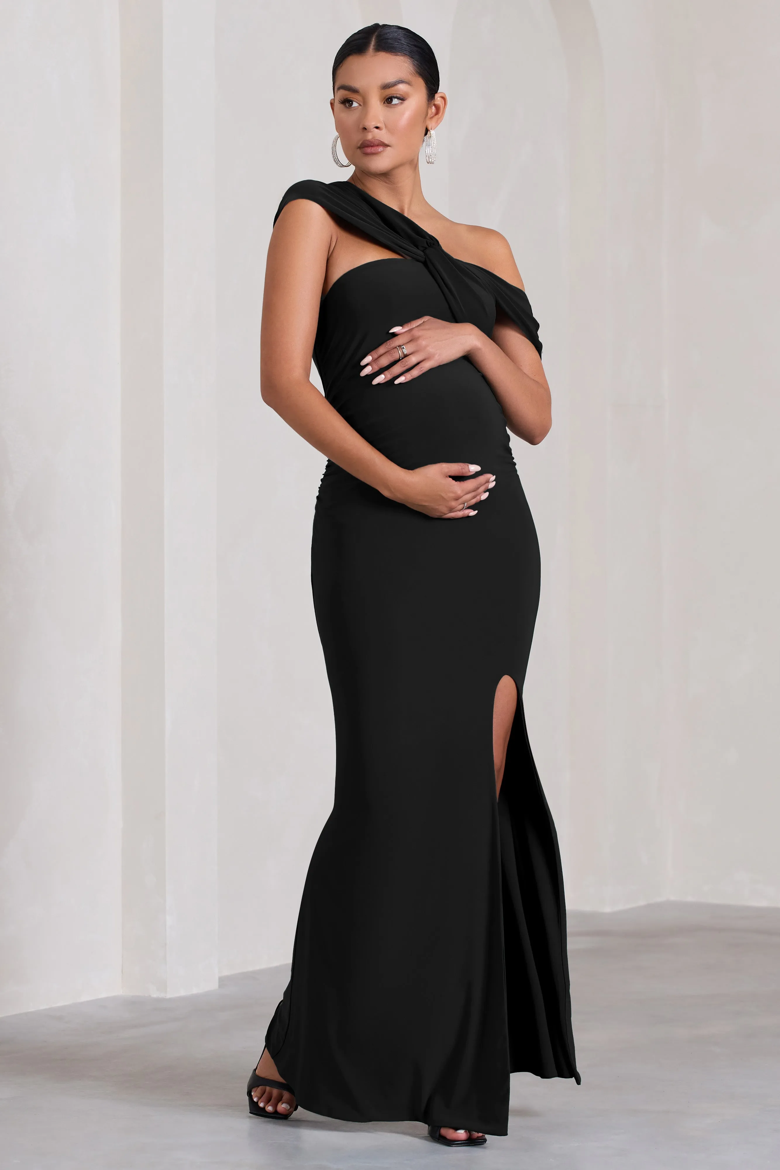 Kara | Black Asymmetric Twisted Bardot Split Maternity Maxi Dress sold by Club L London product image thumbnail 4
