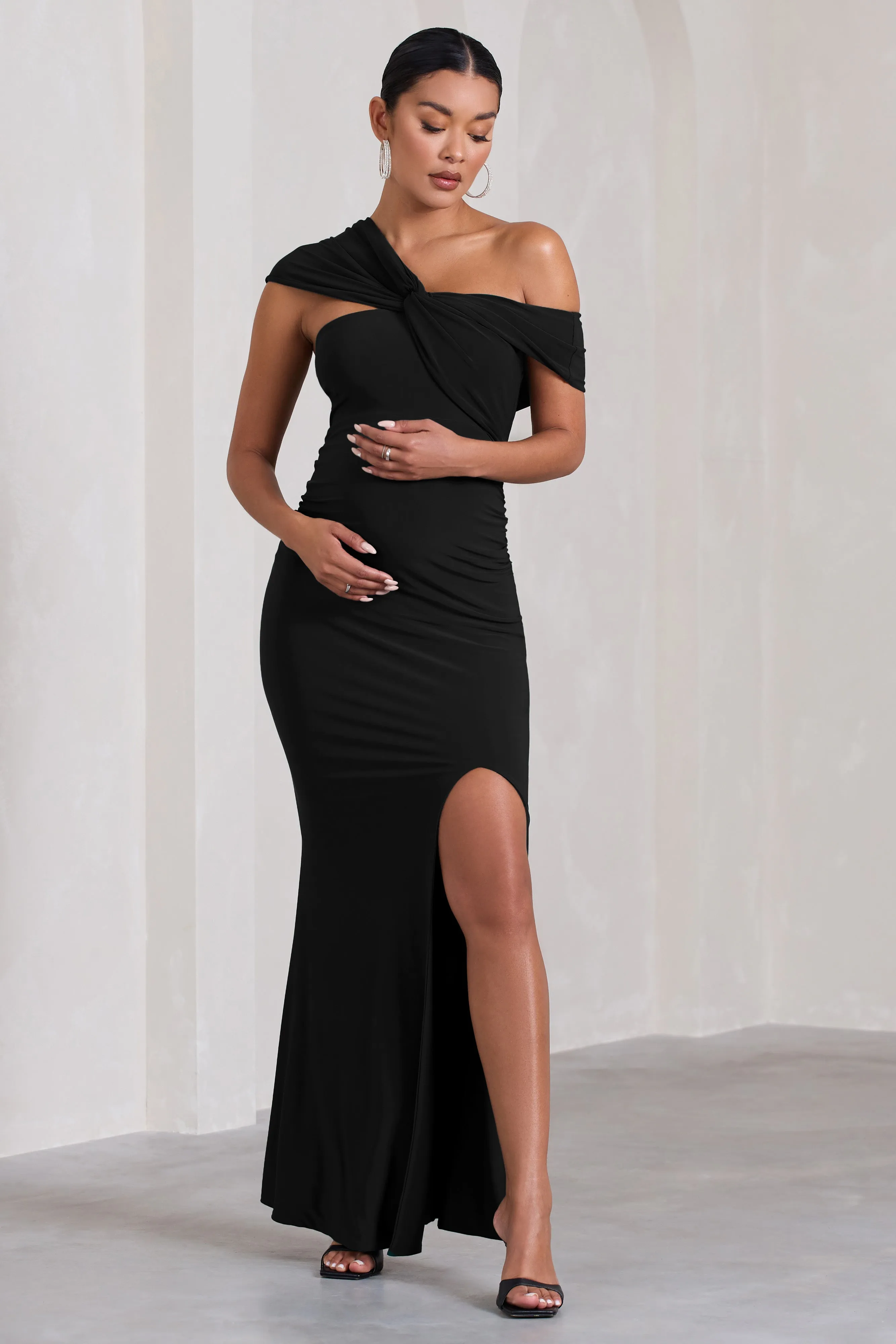 Kara | Black Asymmetric Twisted Bardot Split Maternity Maxi Dress sold by Club L London product image thumbnail 5