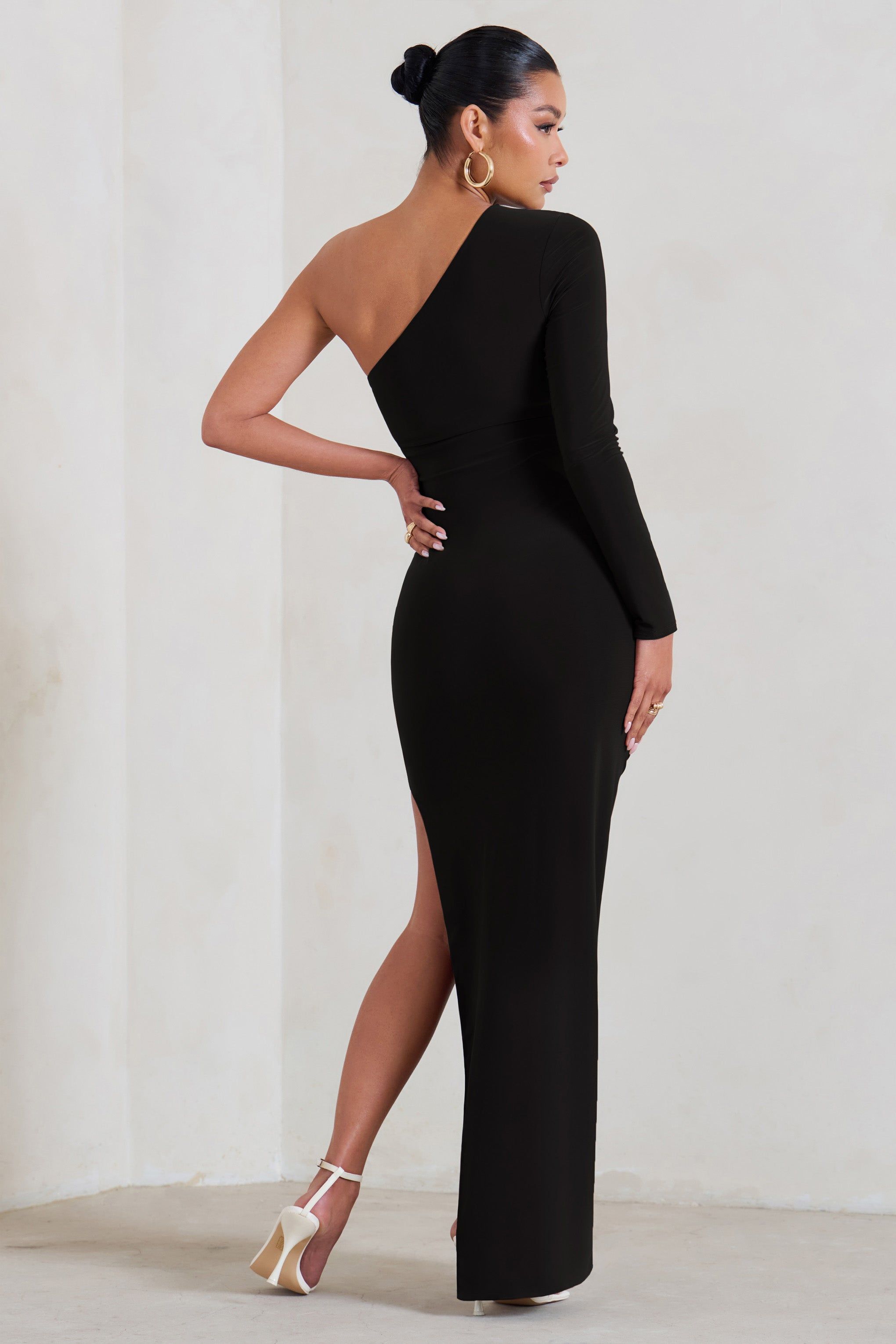 Paloma | Black Maternity One Sleeve Asymmetric Maxi Dress sold by Club L London product image thumbnail 2