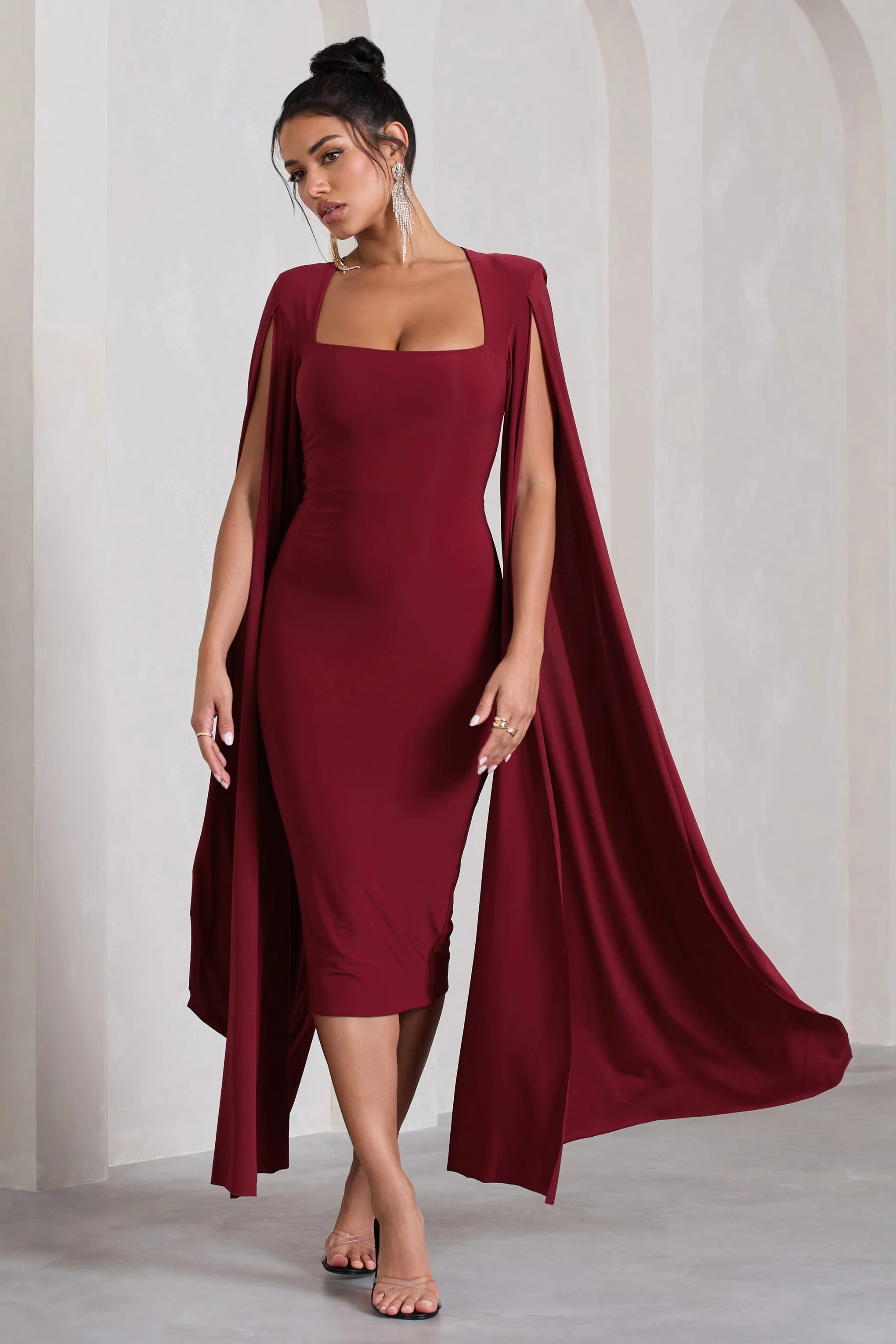 Flawless | Berry Square Neck Midi Dress With Cape Sleeves sold by Club L London product image thumbnail 5