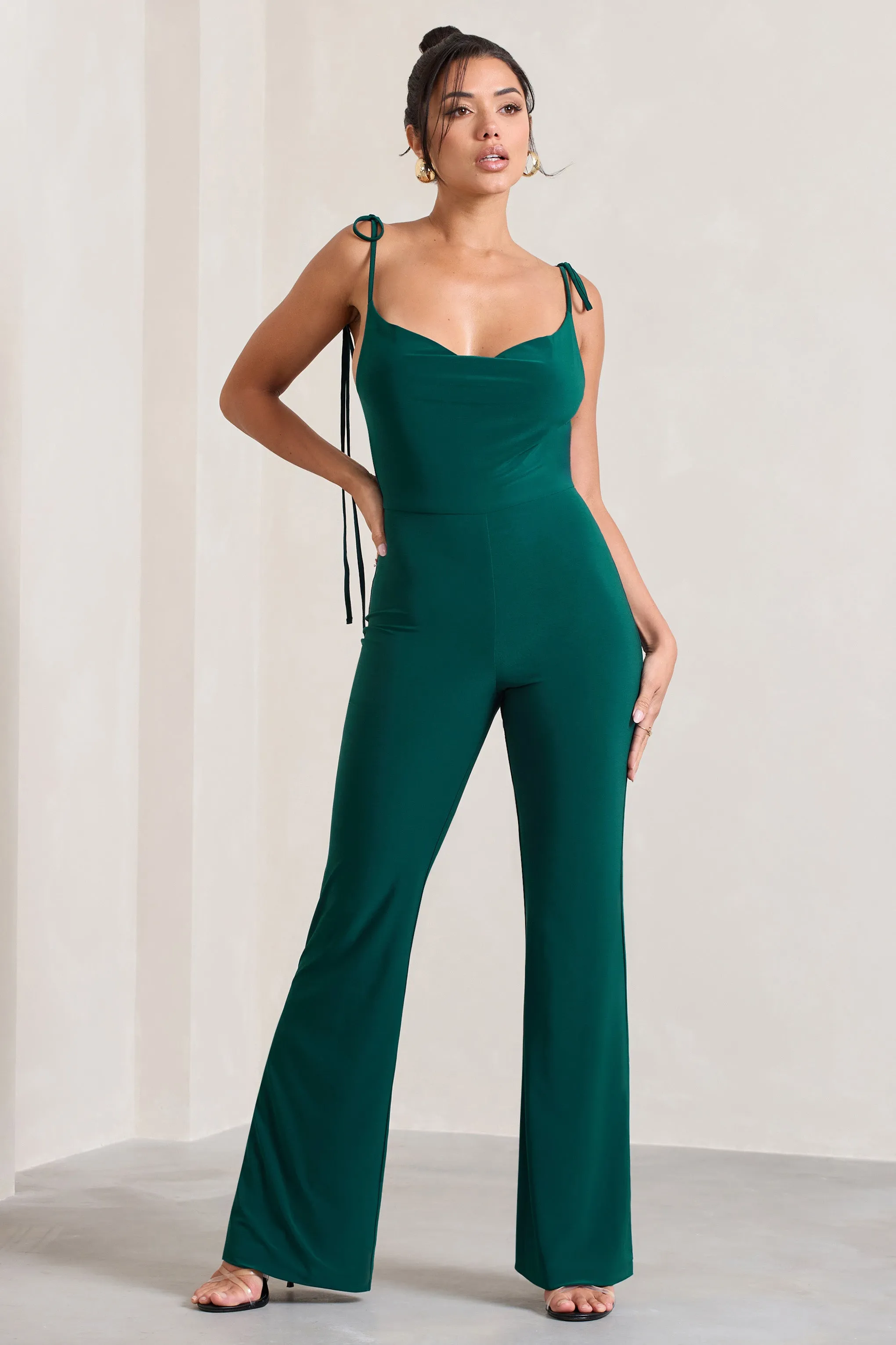 Pose | Bottle Green Cowl-Neck Strappy flared-Leg Jumpsuit sold by Club L London