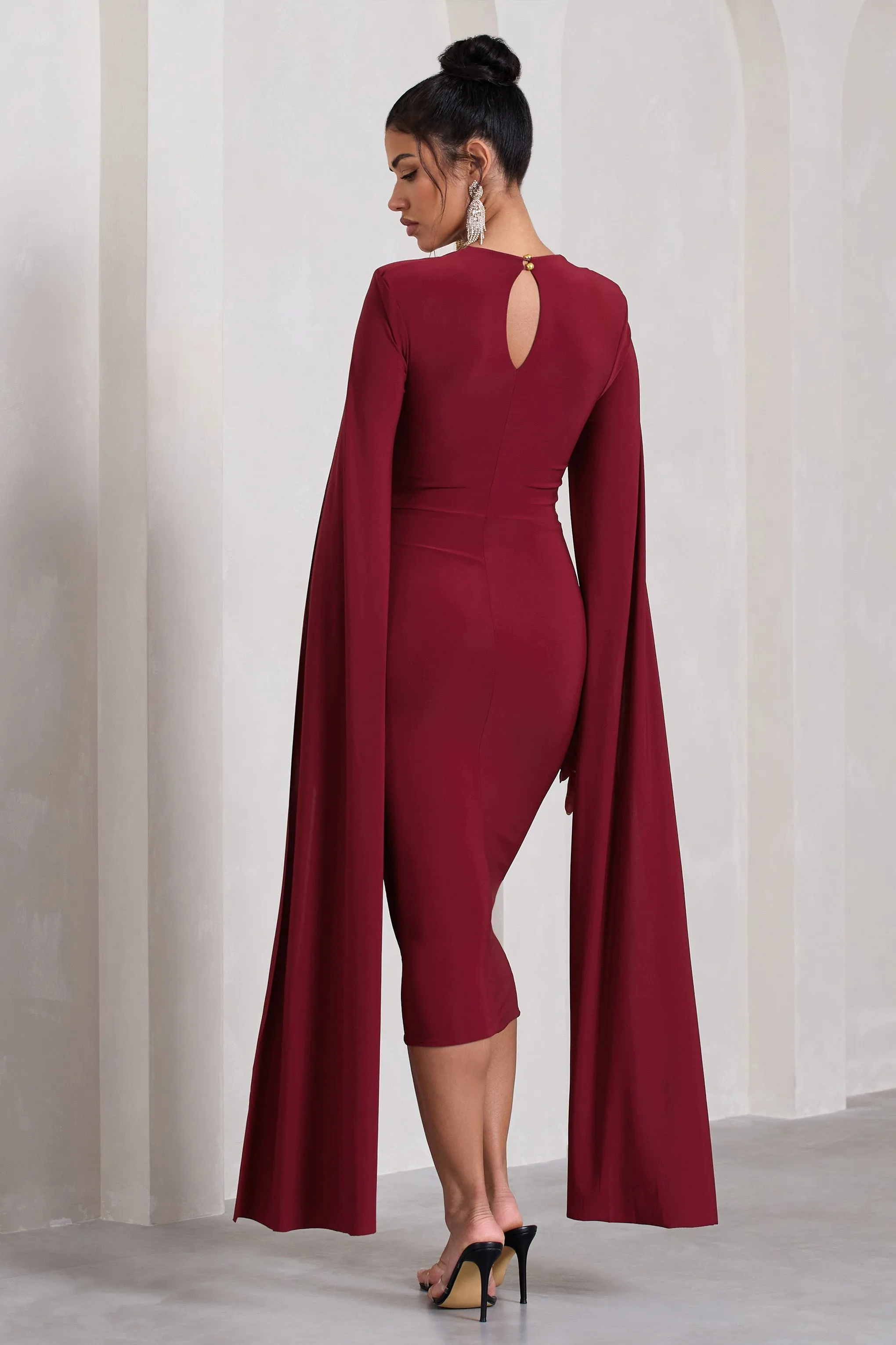 Flawless | Berry Square Neck Midi Dress With Cape Sleeves sold by Club L London product image thumbnail 2