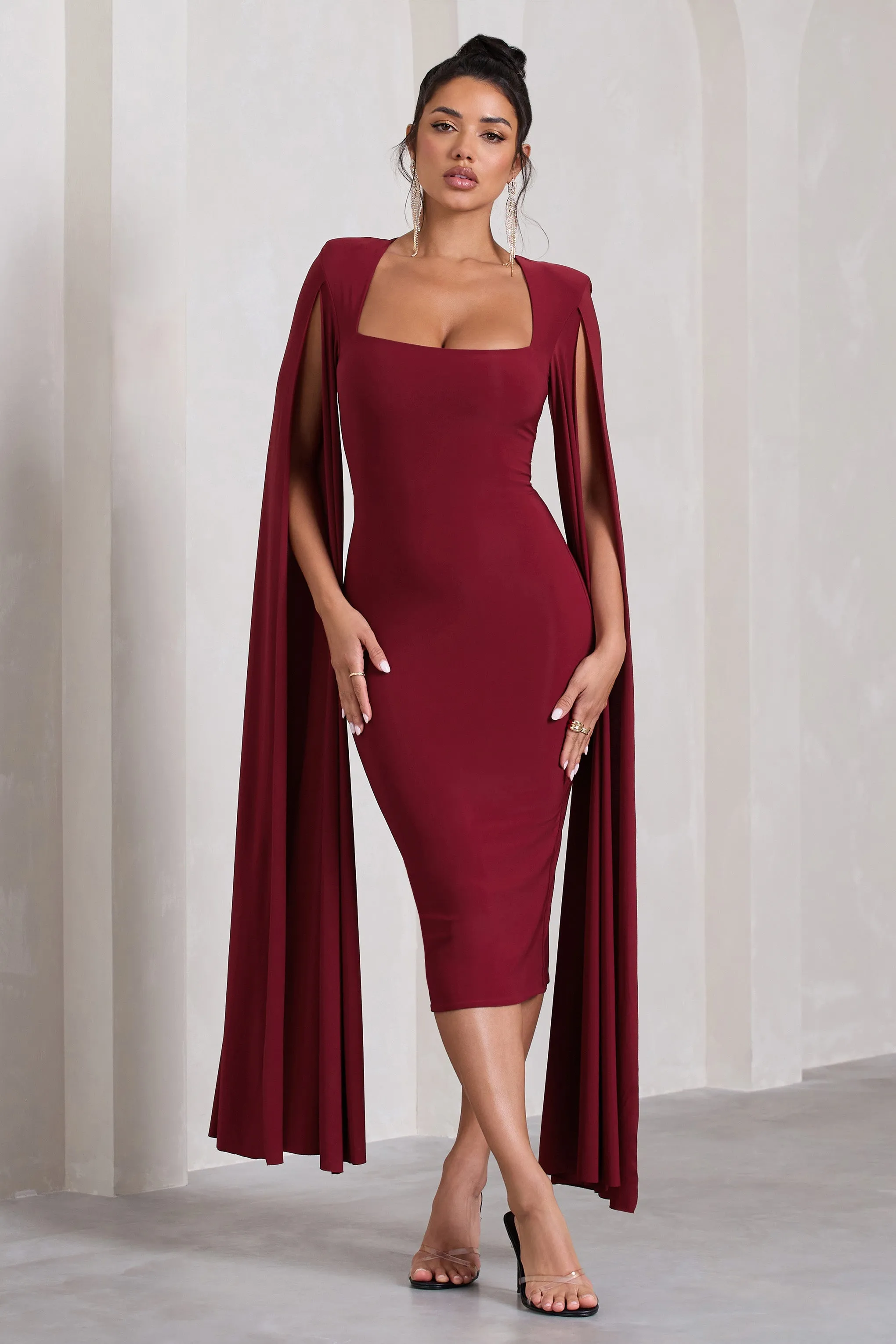 Flawless | Berry Square Neck Midi Dress With Cape Sleeves sold by Club L London