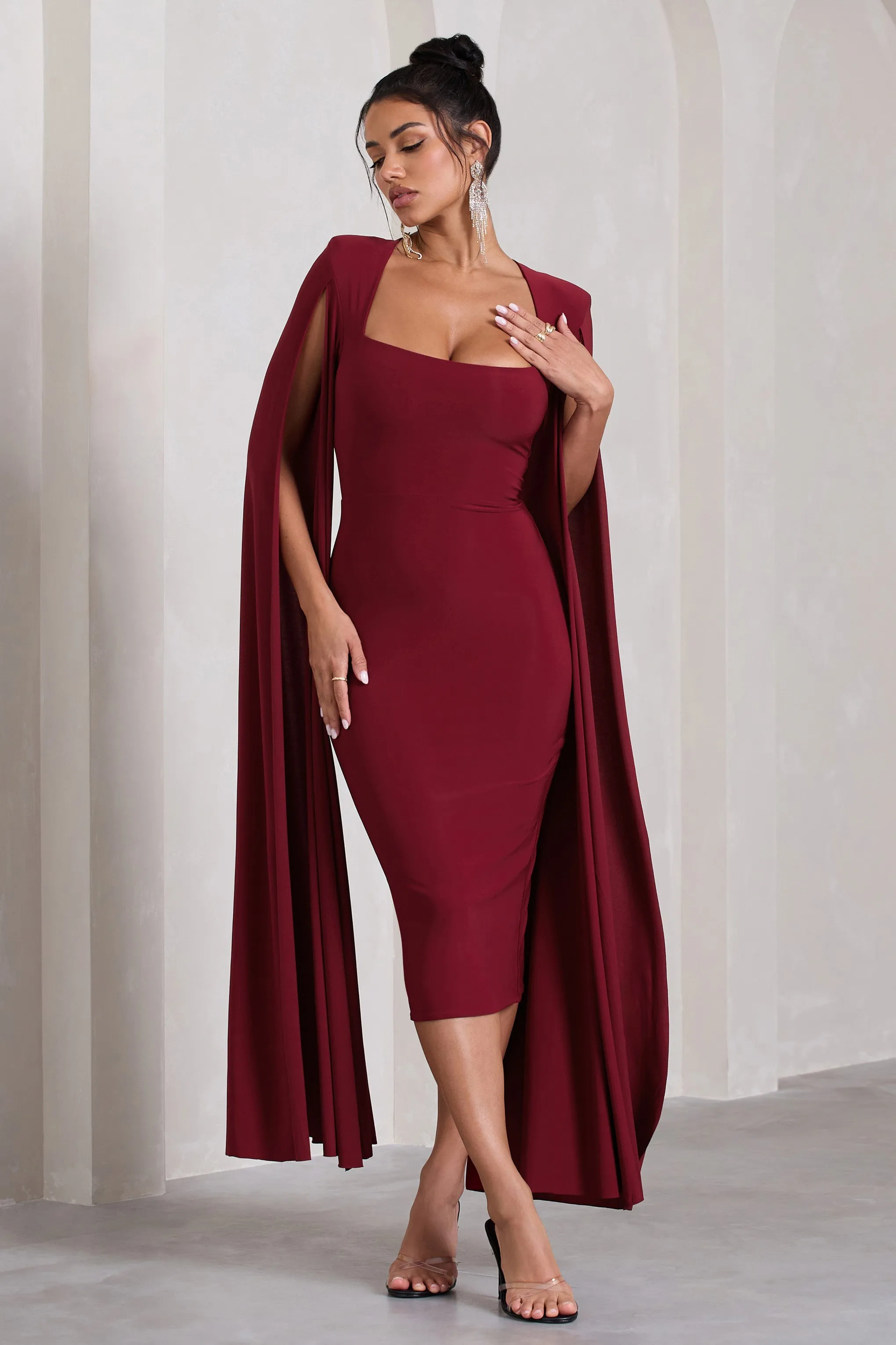 Flawless | Berry Square Neck Midi Dress With Cape Sleeves sold by Club L London product image thumbnail 4