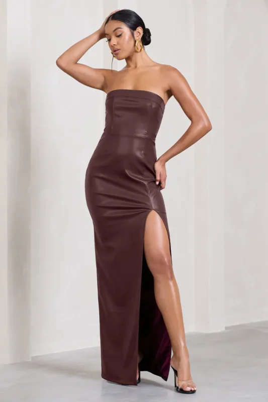 Marlene | Burgundy Faux Leather Strapless Bandeau Split Maxi Dress sold by Club L London