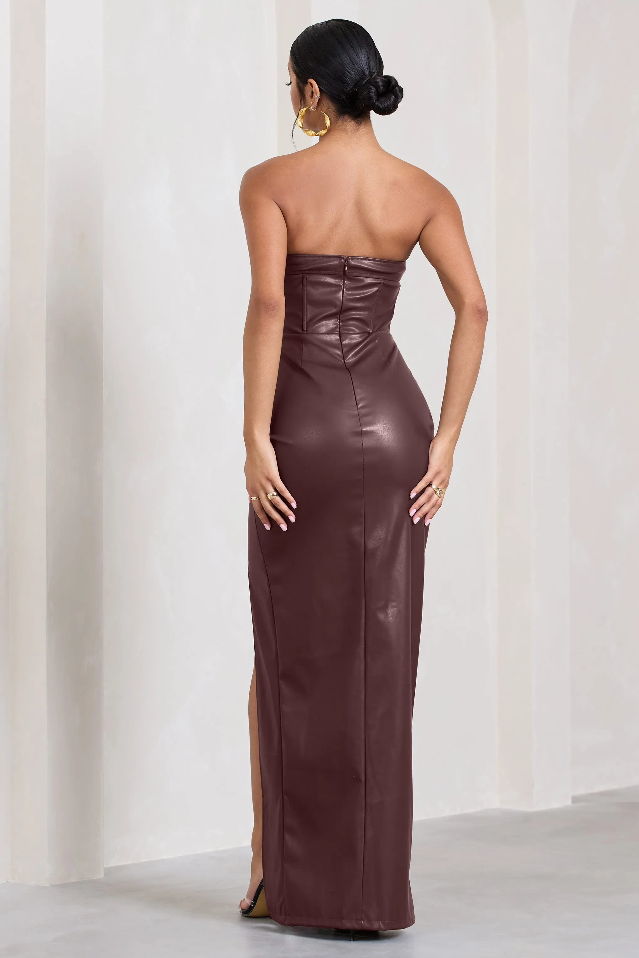 Marlene | Burgundy Faux Leather Strapless Bandeau Split Maxi Dress sold by Club L London product image thumbnail 2