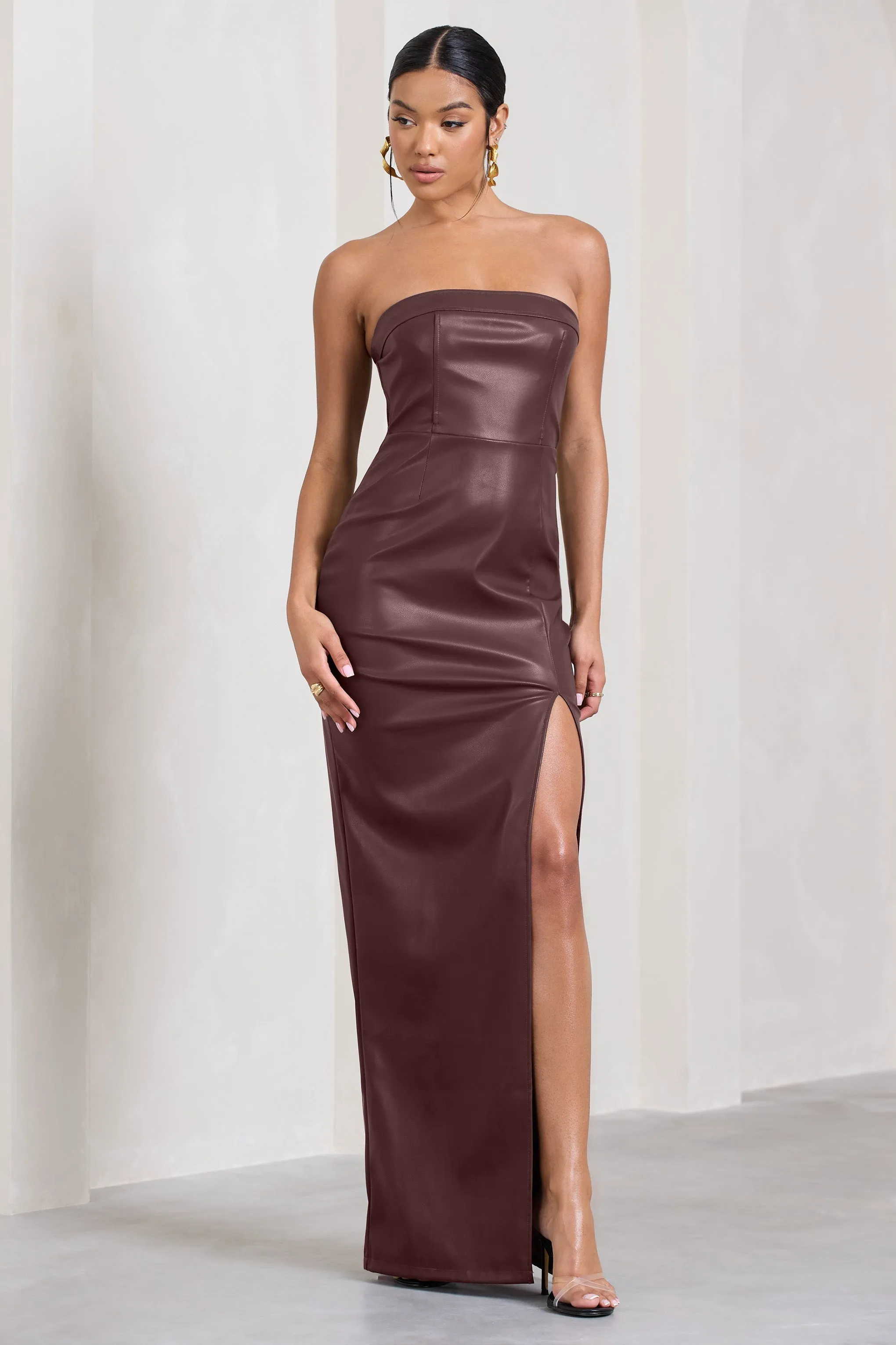 Marlene | Burgundy Faux Leather Strapless Bandeau Split Maxi Dress sold by Club L London product image thumbnail 4