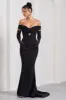 Inspiration | Black Sheer Bardot Fishtail Maxi Dress sold by Club L London