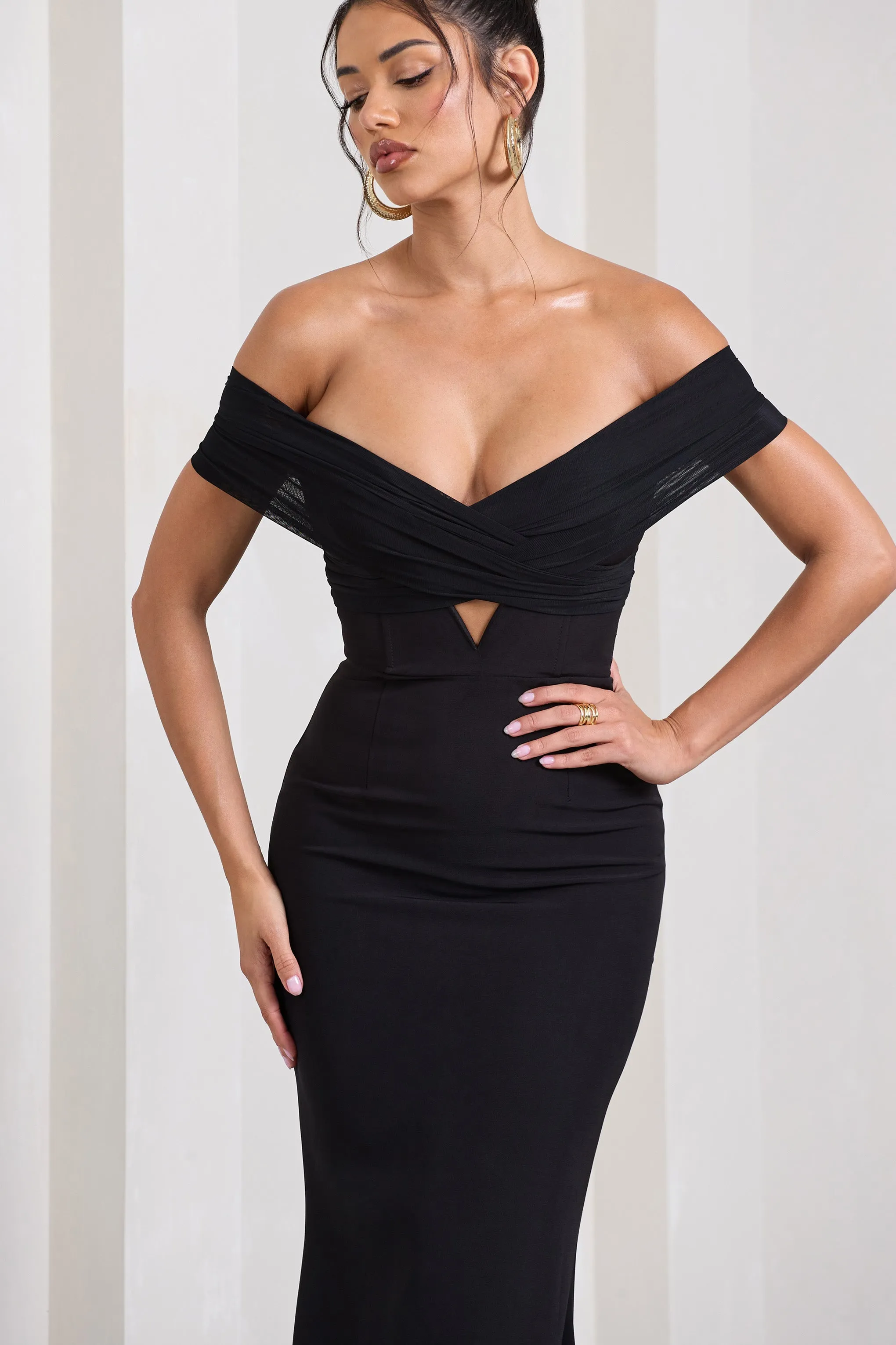 Inspiration | Black Sheer Bardot Fishtail Maxi Dress sold by Club L London product image thumbnail 2