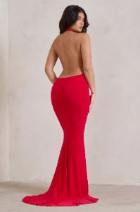 Saffina | Red Cowl Neck Low Back Maxi Dress sold by Club L London