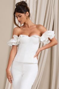 Naturally | White Cotton-Blend Structured Bardot Top sold by Club L London
