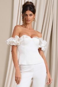Naturally | White Cotton-Blend Structured Bardot Top sold by Club L London