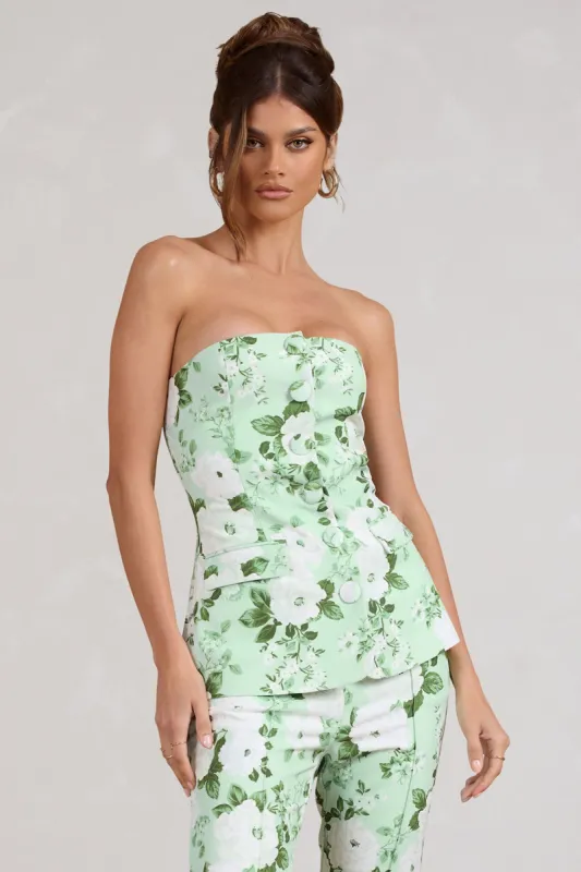 Elliana | White & Green Floral Print Strapless Bandeau Button Front Tailored Top sold by Club L London