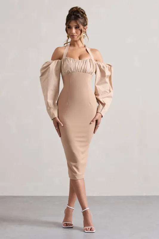 Couture Client | Champagne Halter-Neck Puff Sleeve Midi Dress sold by Club L London