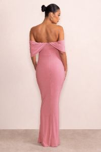 Asha | Blush Pink Draped Sleeve Bardot Maternity Maxi Dress sold by Club L London