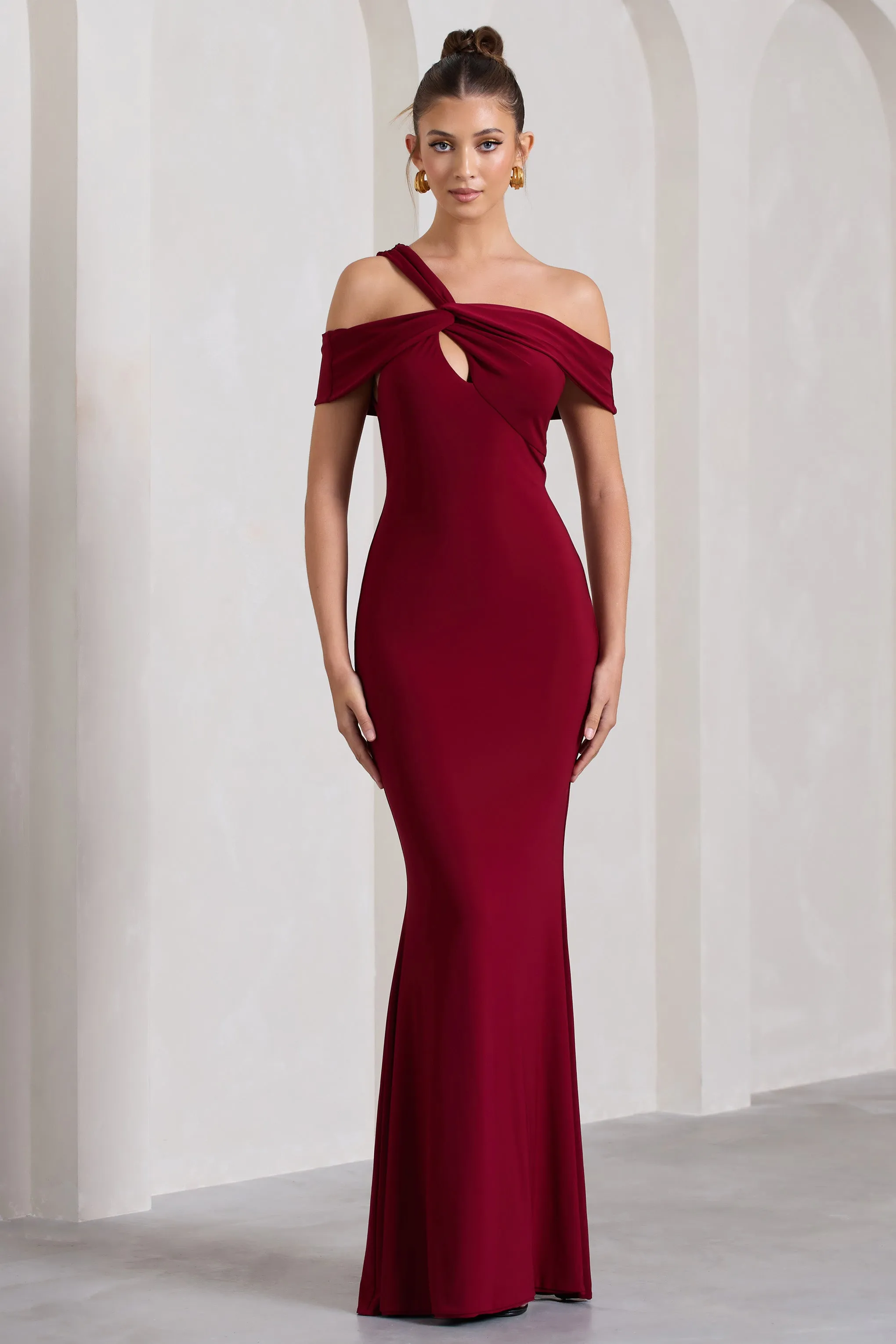 Captivating | Berry Red Strappy Asymmetric Cut-Out Maxi Dress sold by Club L London product image thumbnail 4