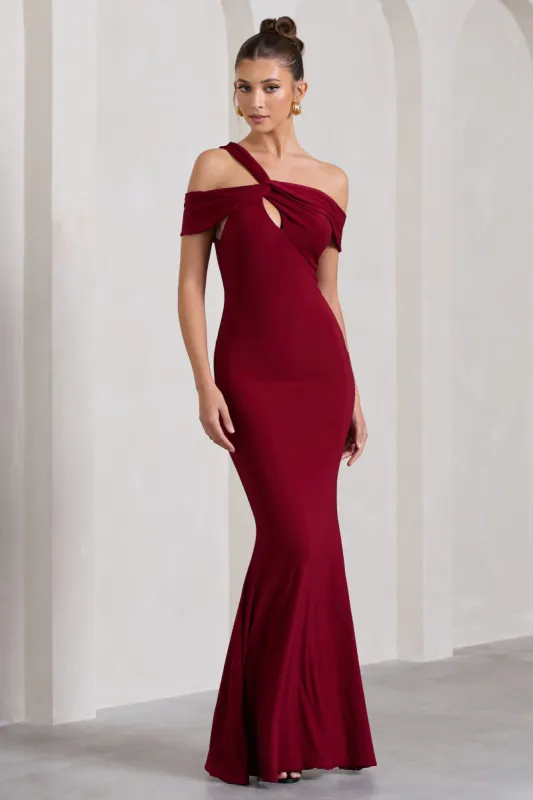 Captivating | Berry Red Strappy Asymmetric Cut-Out Maxi Dress sold by Club L London