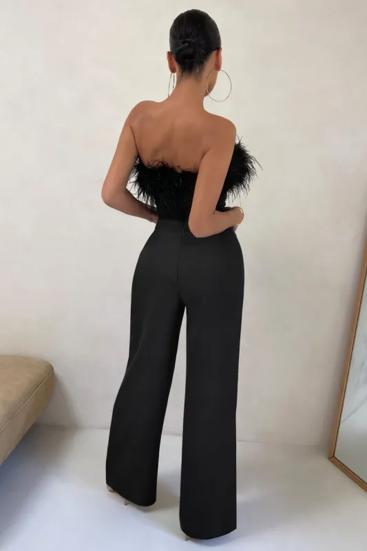First Class | Petite Black Bandeau Feather Wide Leg jumpsuit sold by Club L London
