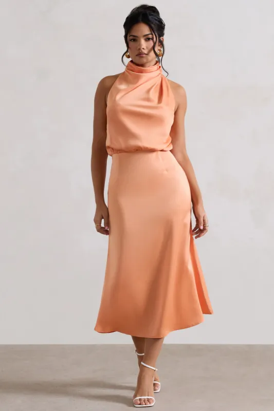 Geena | Peach Satin Twisted High-Neck Midi Dress made by Club L London