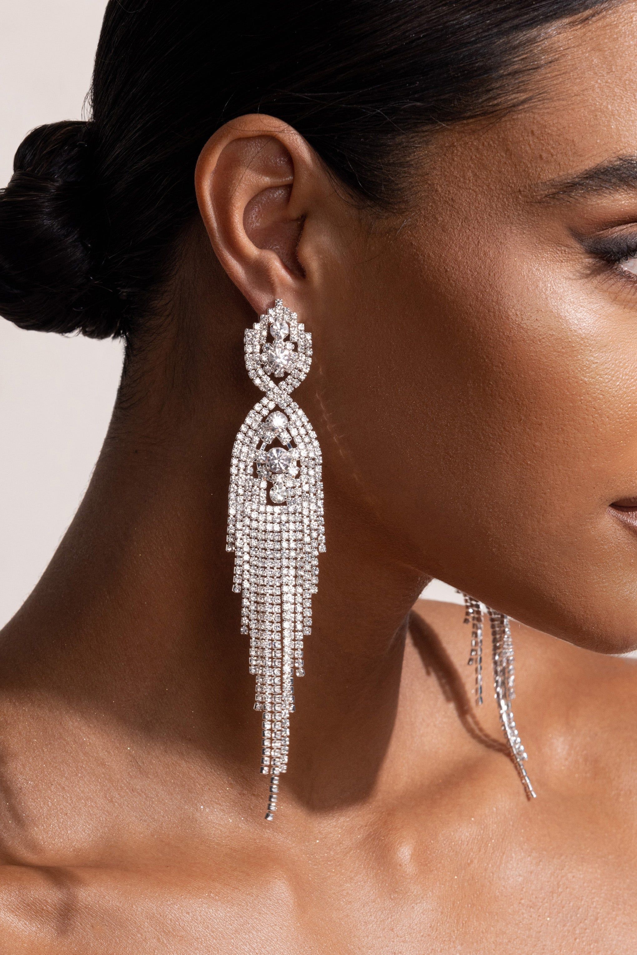 Pia | Silver Diamante Tassel Drop Earrings sold by Club L London product image thumbnail 3
