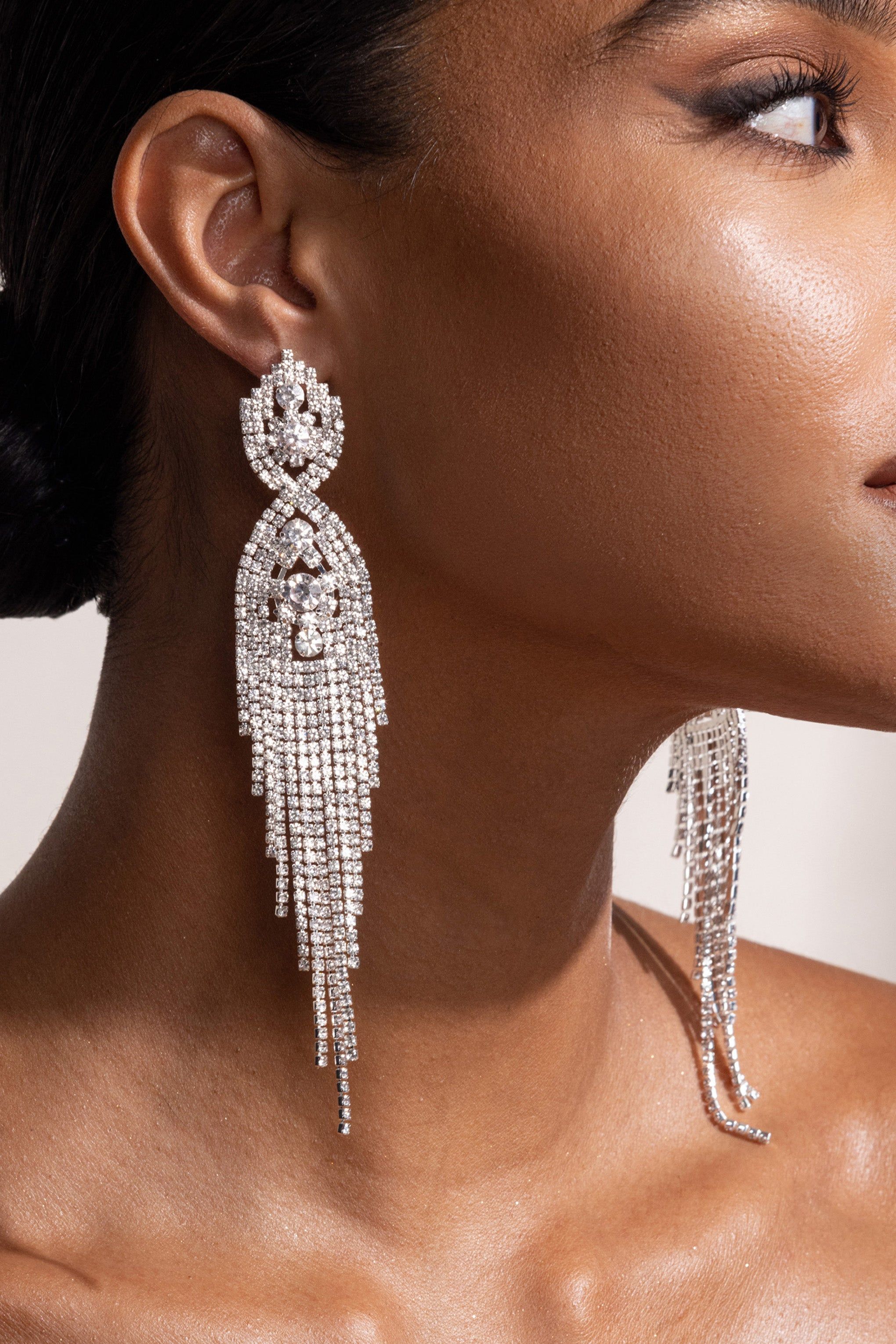 Pia | Silver Diamante Tassel Drop Earrings sold by Club L London product image thumbnail 4