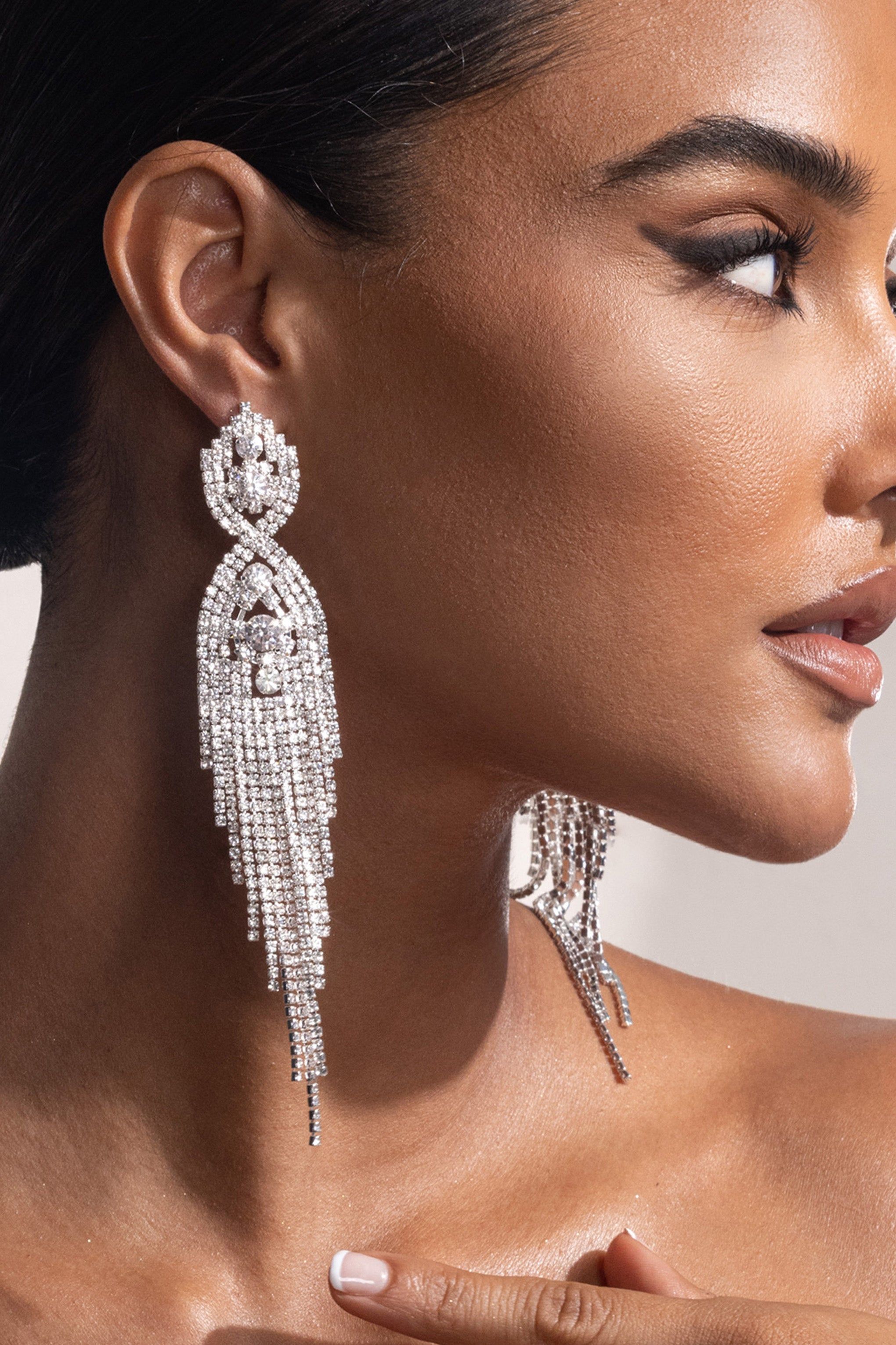 Pia | Silver Diamante Tassel Drop Earrings sold by Club L London product image thumbnail 2