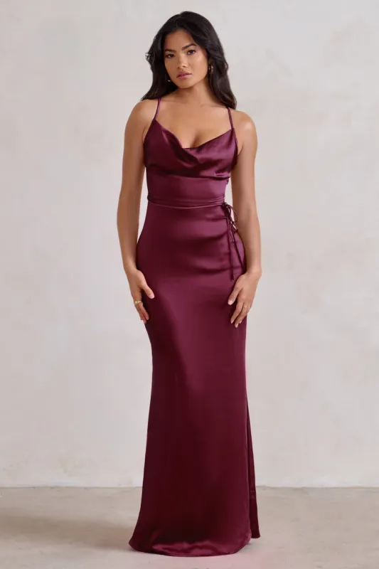 Lifetime | Burgundy Satin Cowl Neck Maxi Dress With Cross Back Detail sold by Club L London