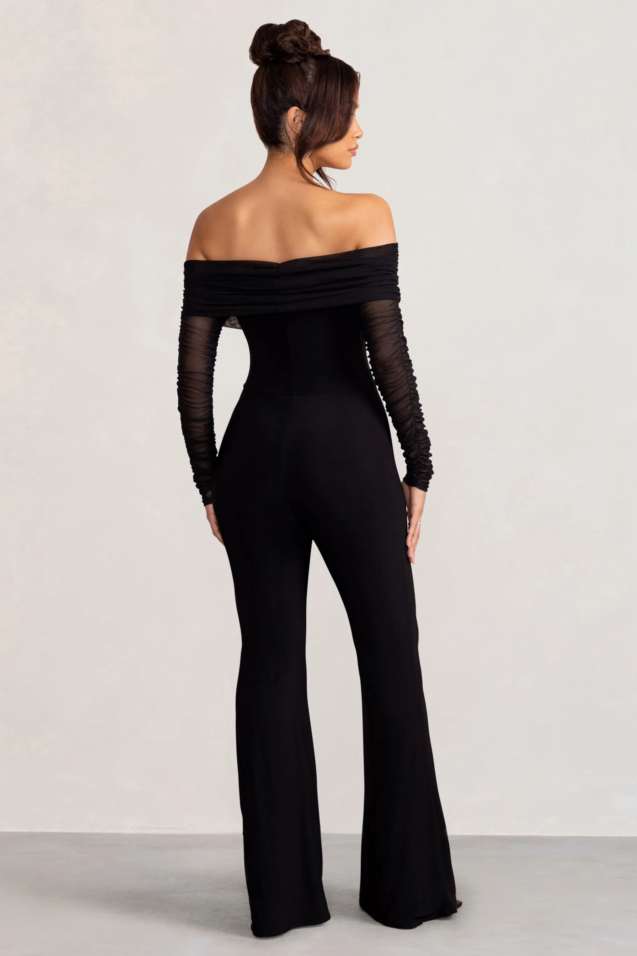 Whisper | Black Ruched Mesh Bardot Jumpsuit sold by Club L London product image thumbnail 3
