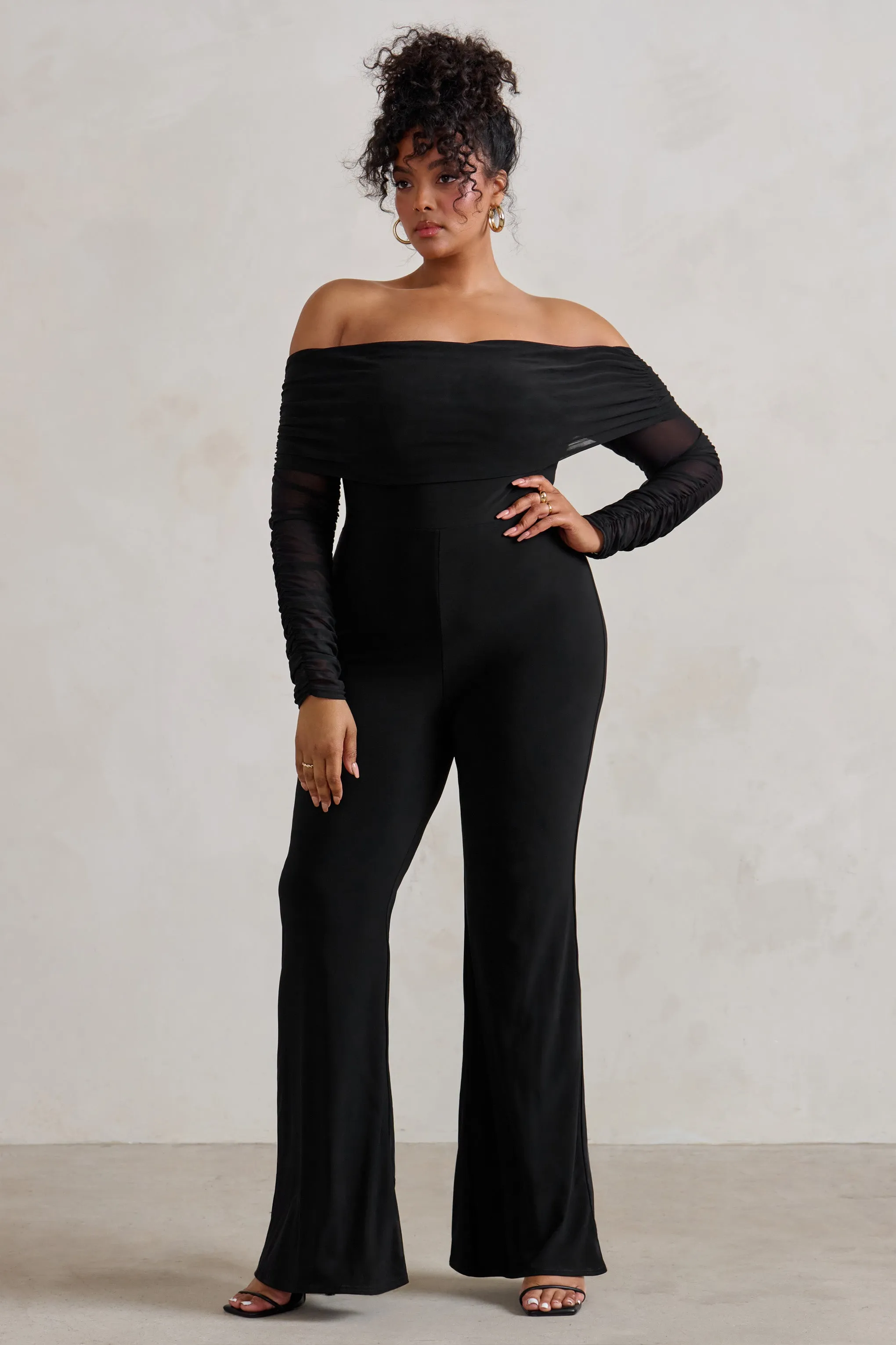 Whisper | Black Ruched Mesh Bardot Jumpsuit sold by Club L London product image thumbnail 2