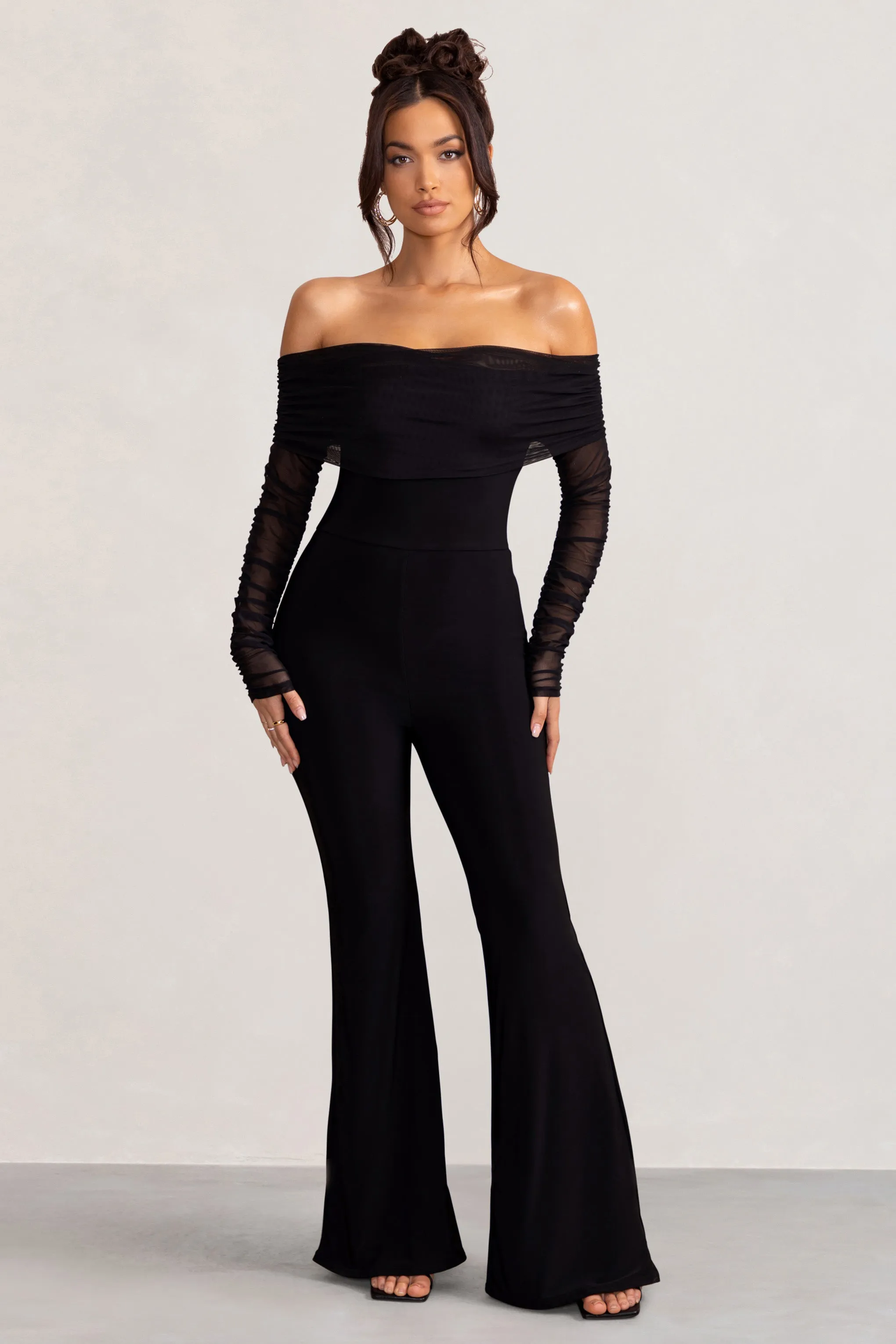 Whisper | Black Ruched Mesh Bardot Jumpsuit sold by Club L London