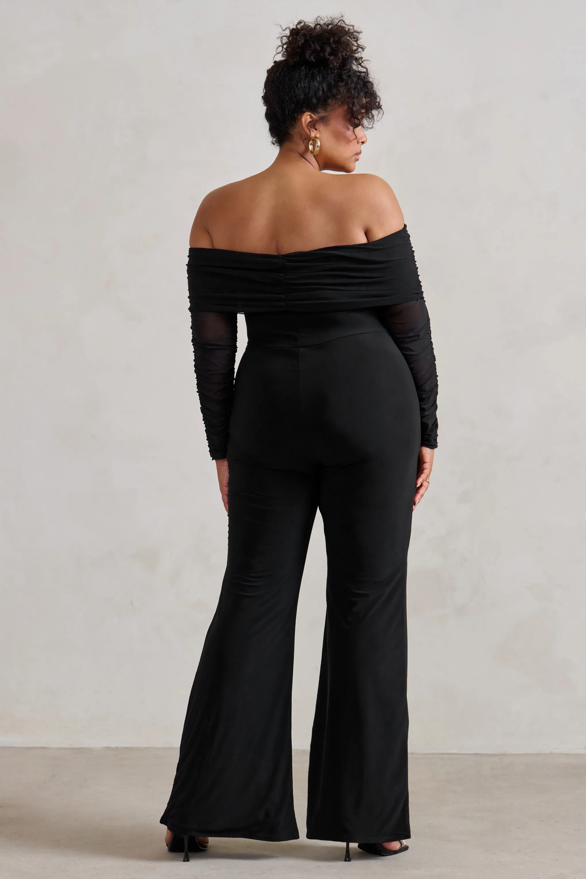 Whisper | Black Ruched Mesh Bardot Jumpsuit sold by Club L London product image thumbnail 5