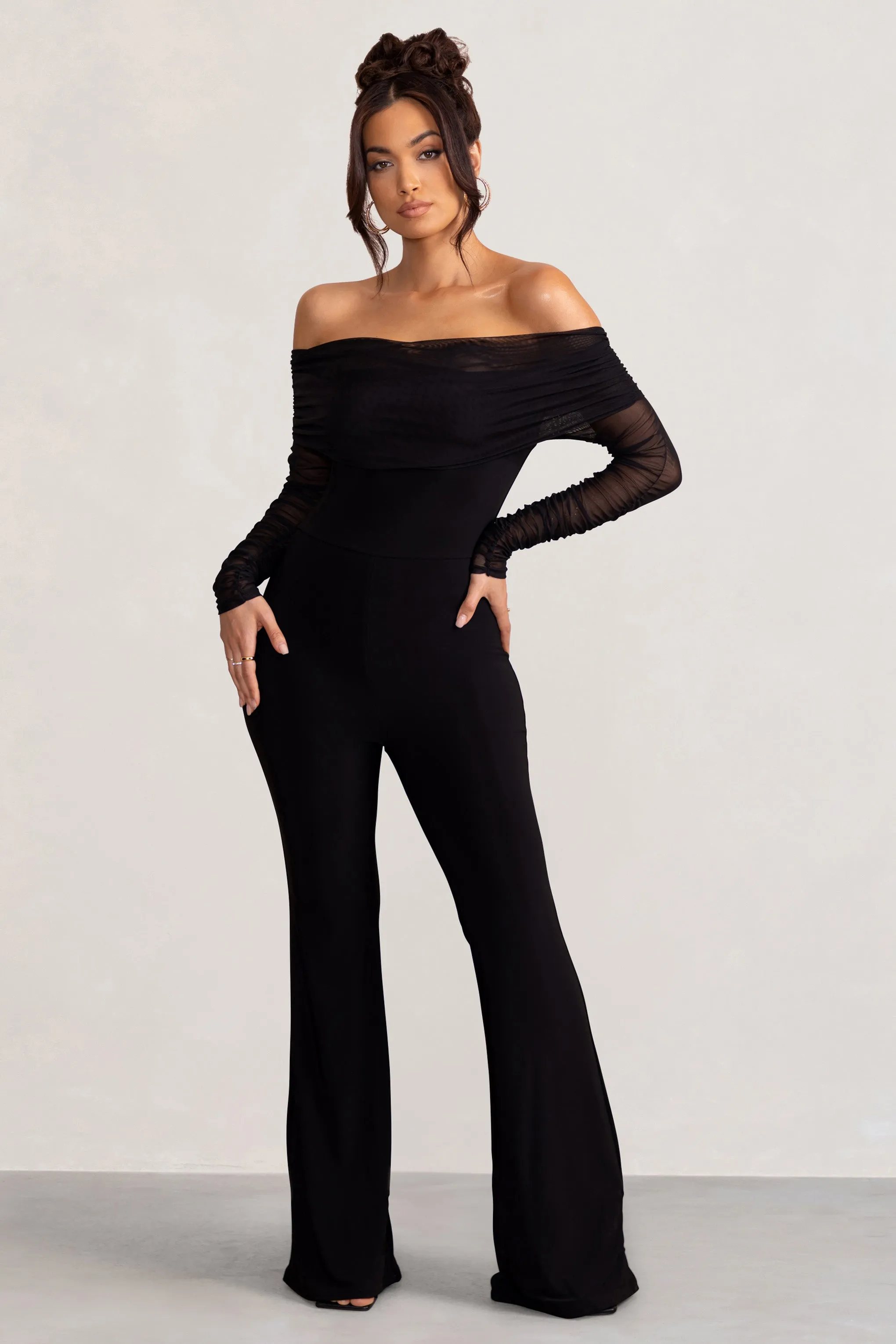Whisper | Black Ruched Mesh Bardot Jumpsuit sold by Club L London product image thumbnail 4