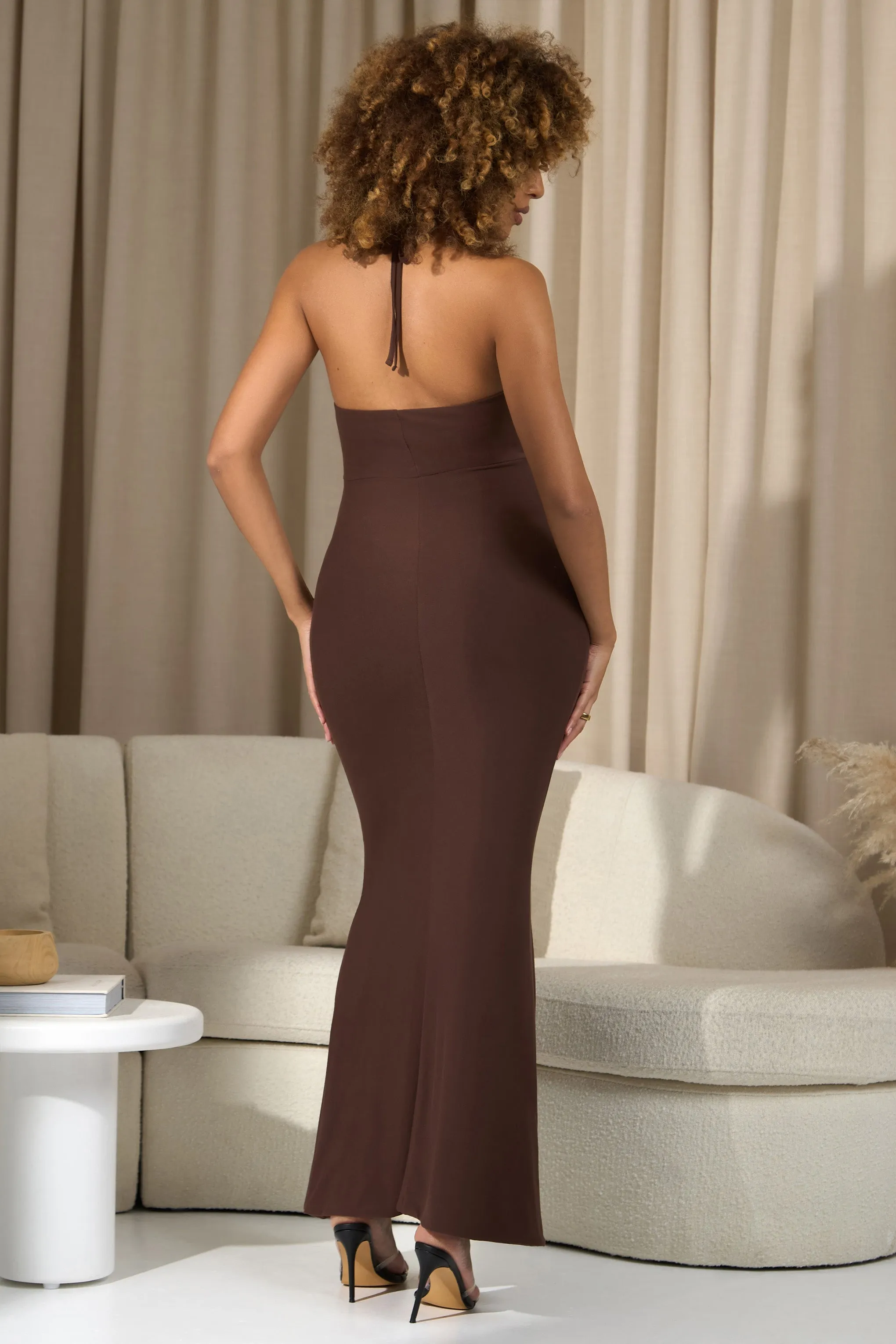 Perrie | Chocolate Brown Halter-Neck Maternity Maxi Dress sold by Club L London product image thumbnail 2