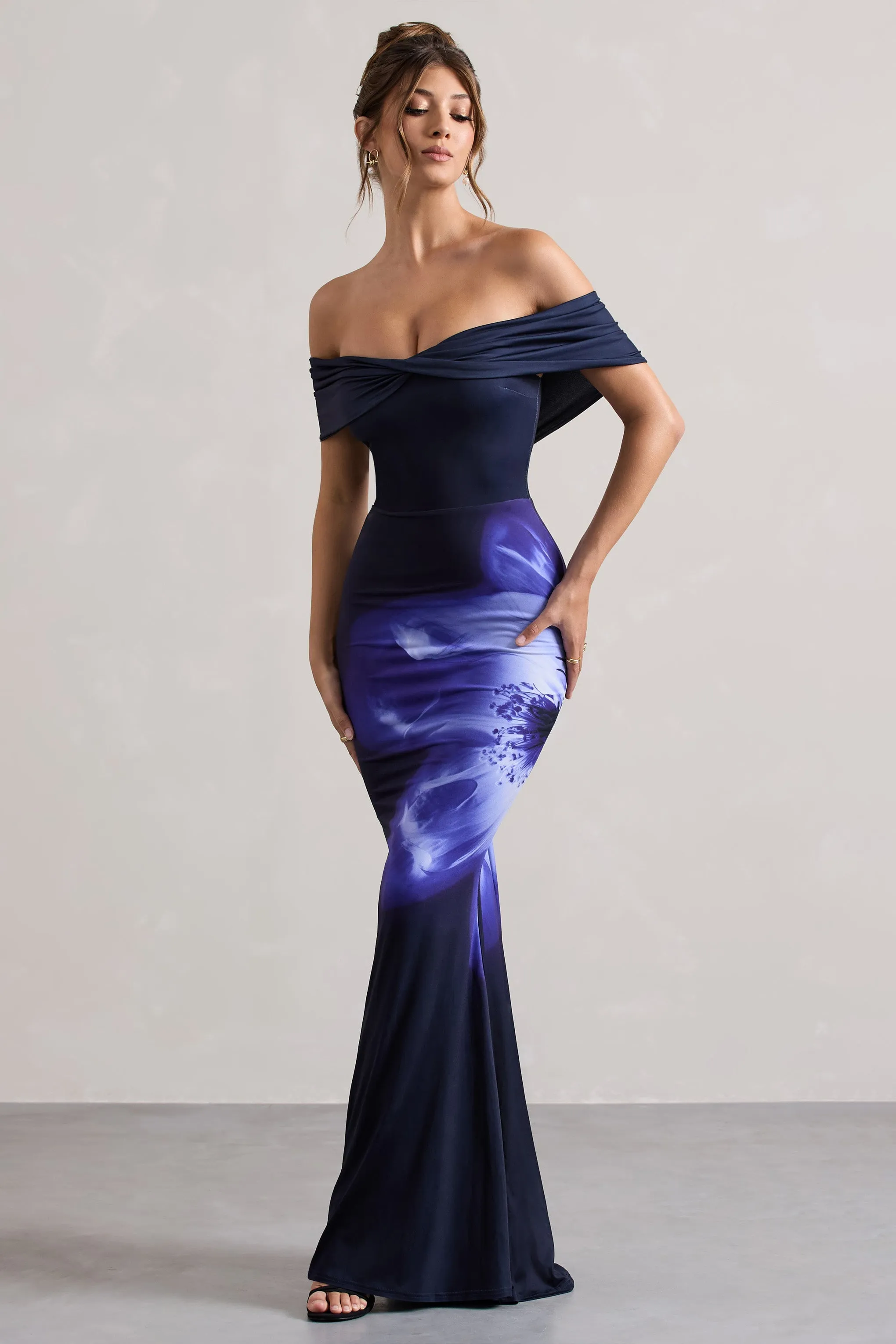 Alaia | Navy Floral Print Bardot Maxi Dress sold by Club L London product image thumbnail 5