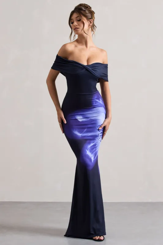 Alaia | Navy Floral Print Bardot Maxi Dress sold by Club L London