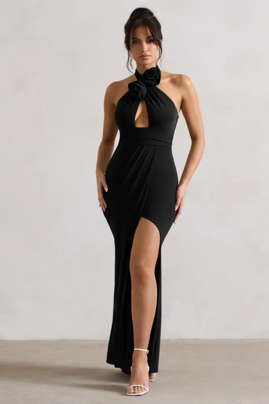 Kira | Black Halter-Neck Cut-Out Split Maxi Dress With Flowers sold by Club L London