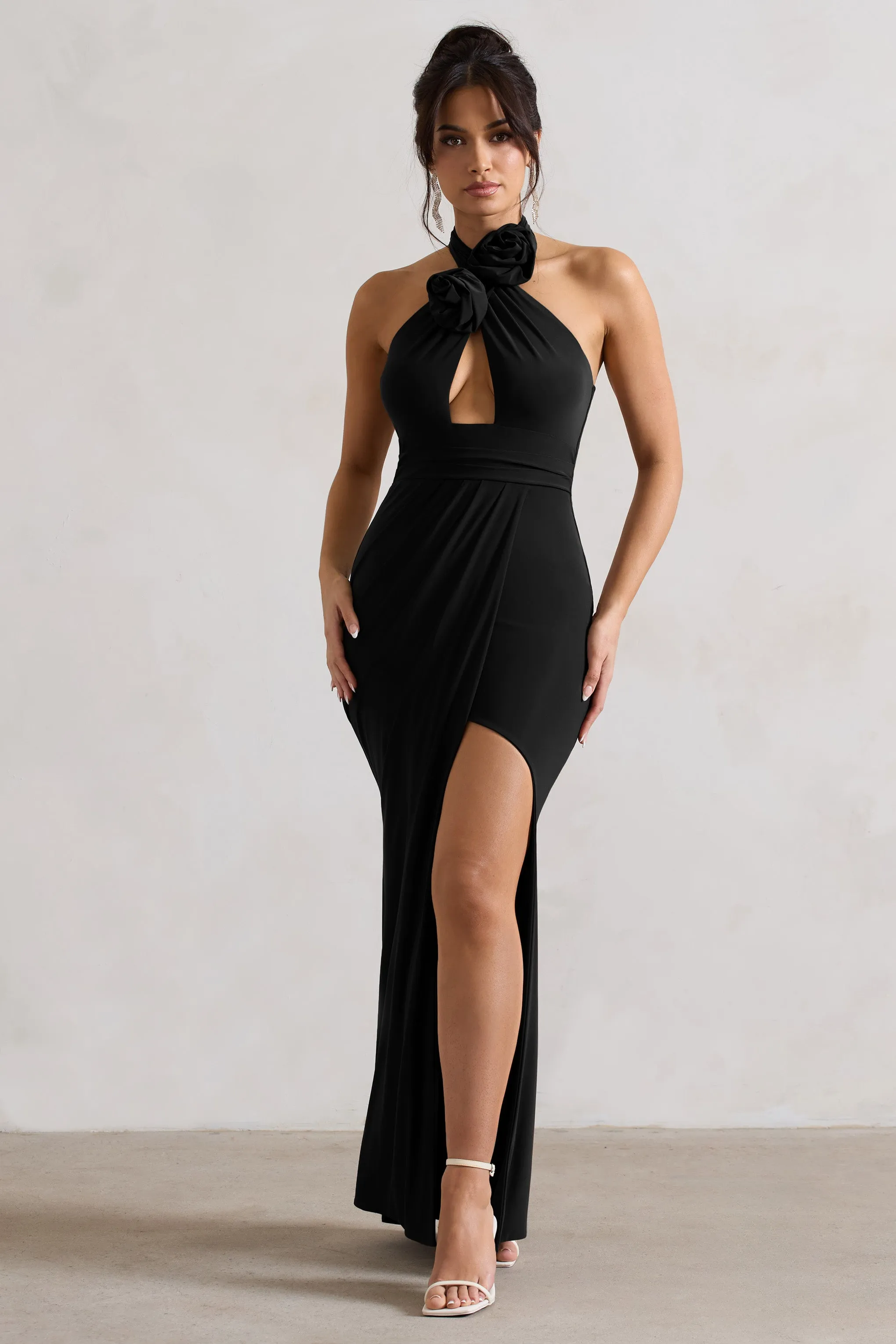 Kira | Black Halter-Neck Cut-Out Split Maxi Dress With Flowers sold by Club L London