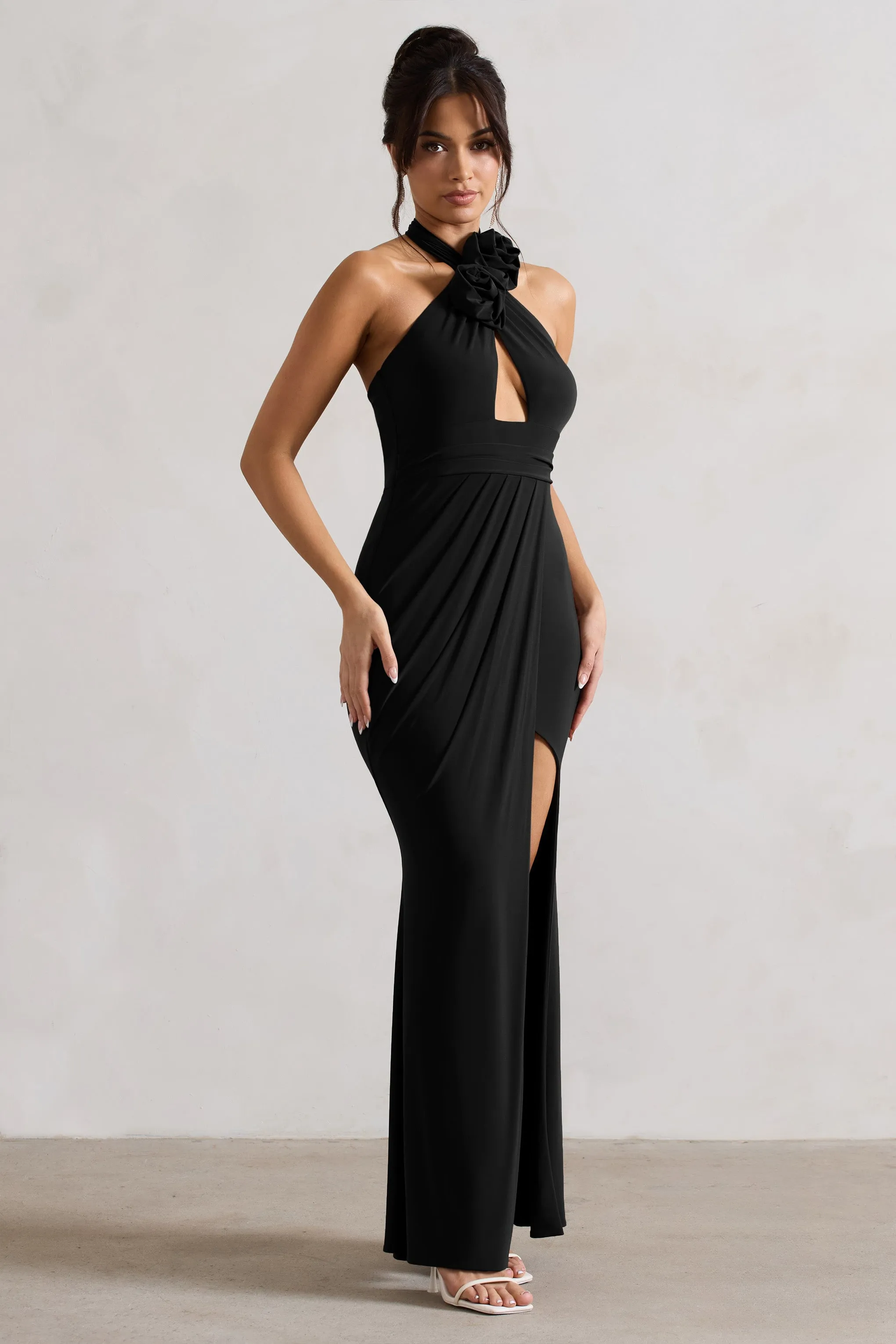 Kira | Black Halter-Neck Cut-Out Split Maxi Dress With Flowers sold by Club L London product image thumbnail 4